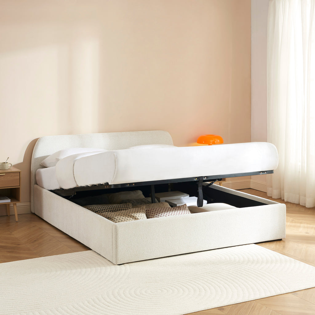GELA Upholstered Storage Bed with Slatted Base – White