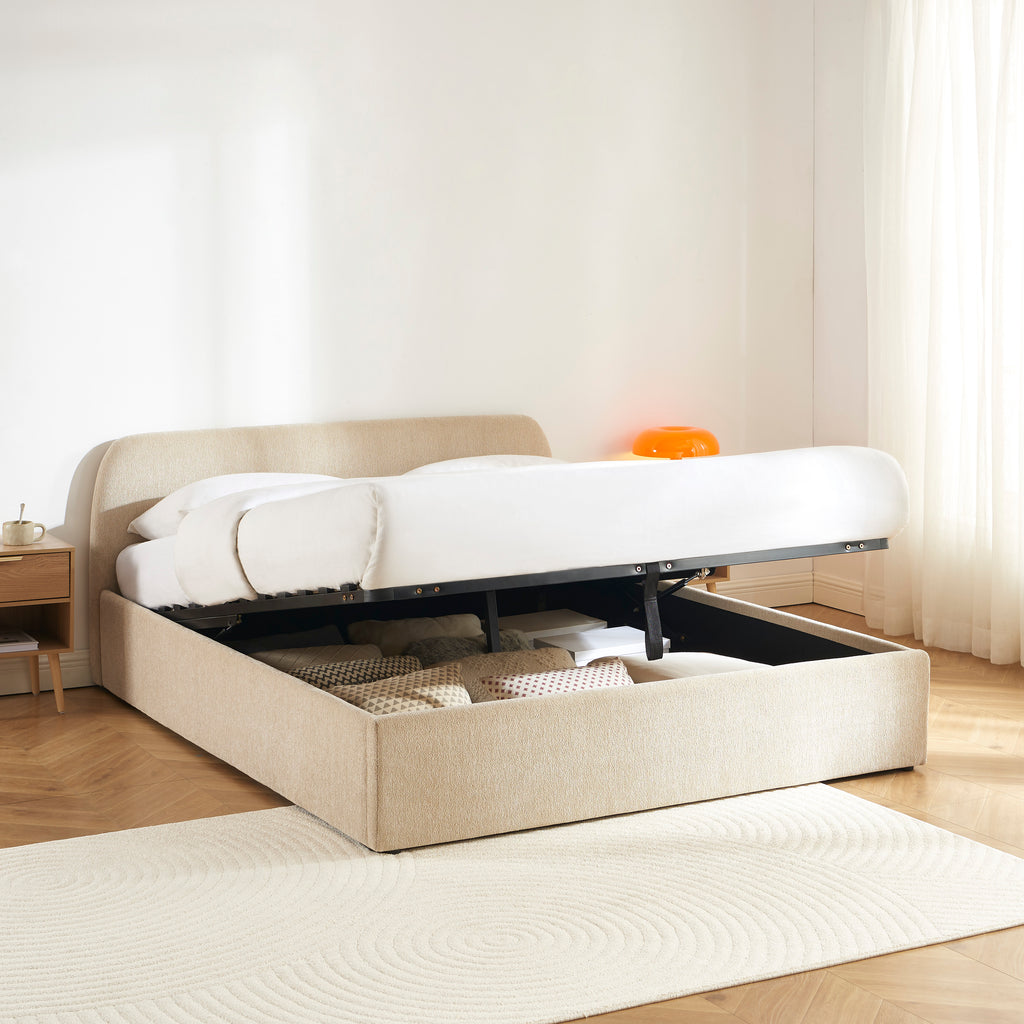 GELA Upholstered Storage Bed with Slatted Base – Greige