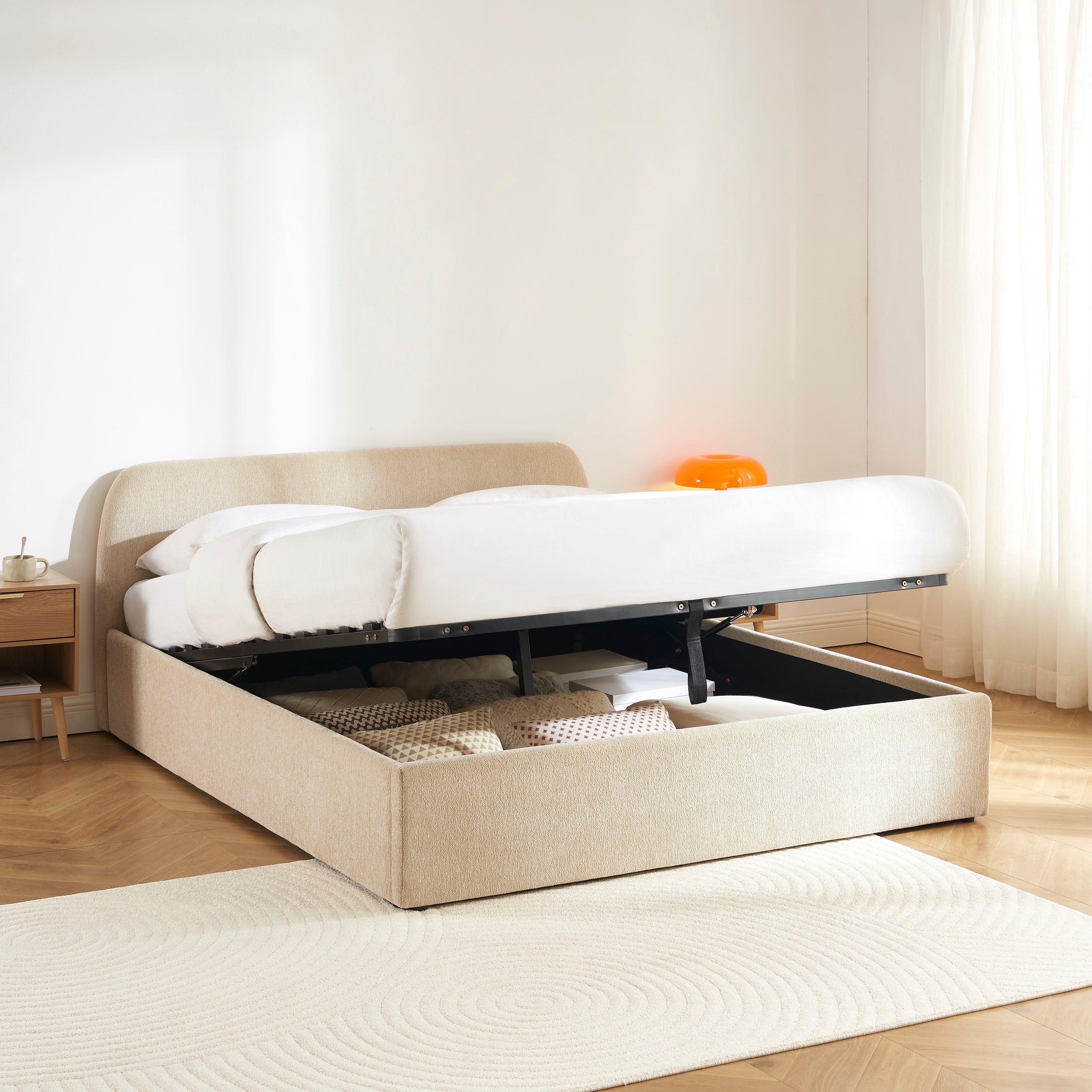 GELA Upholstered Storage Bed with Slatted Base – Greige