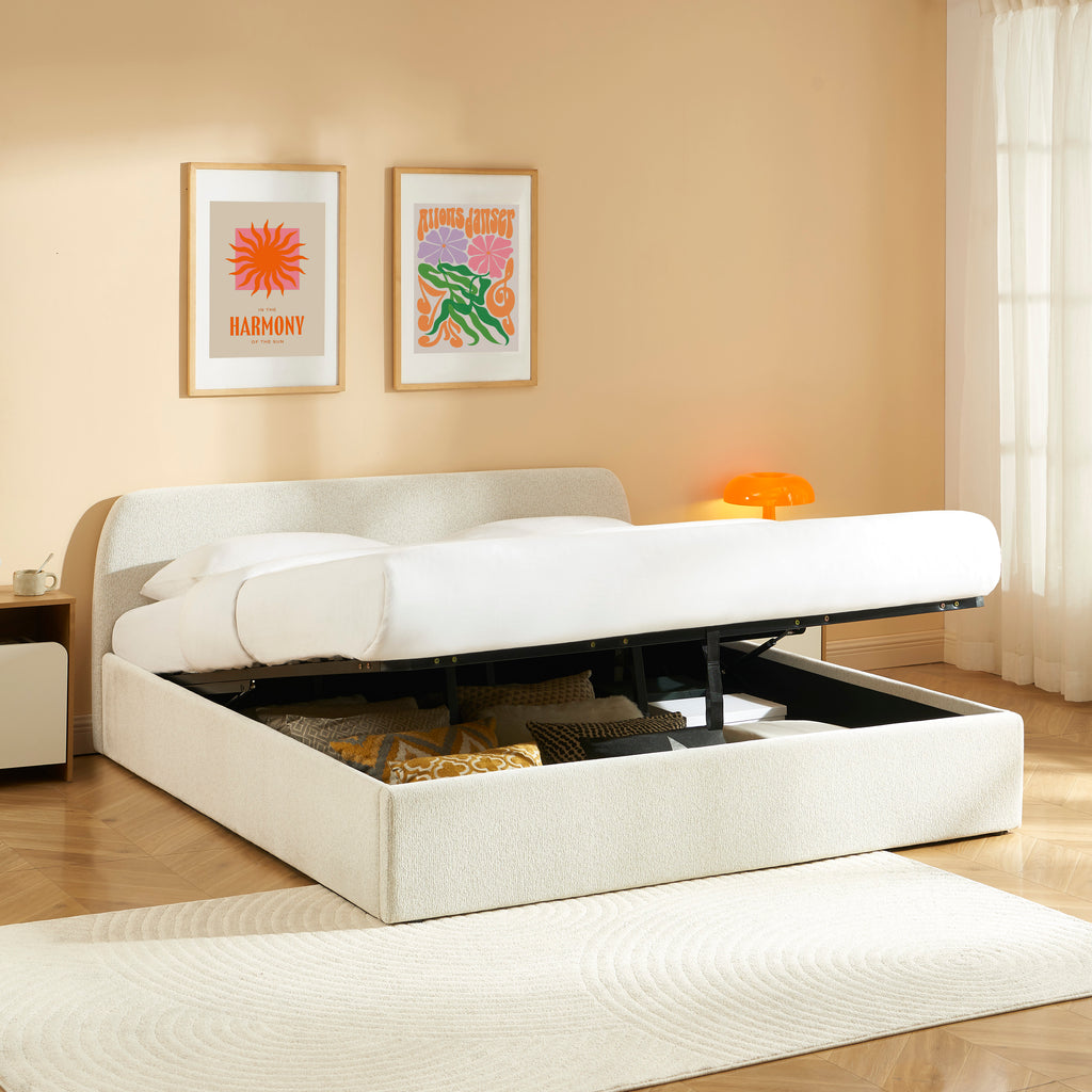 GELA Upholstered Storage Bed with Slatted Base – Beige