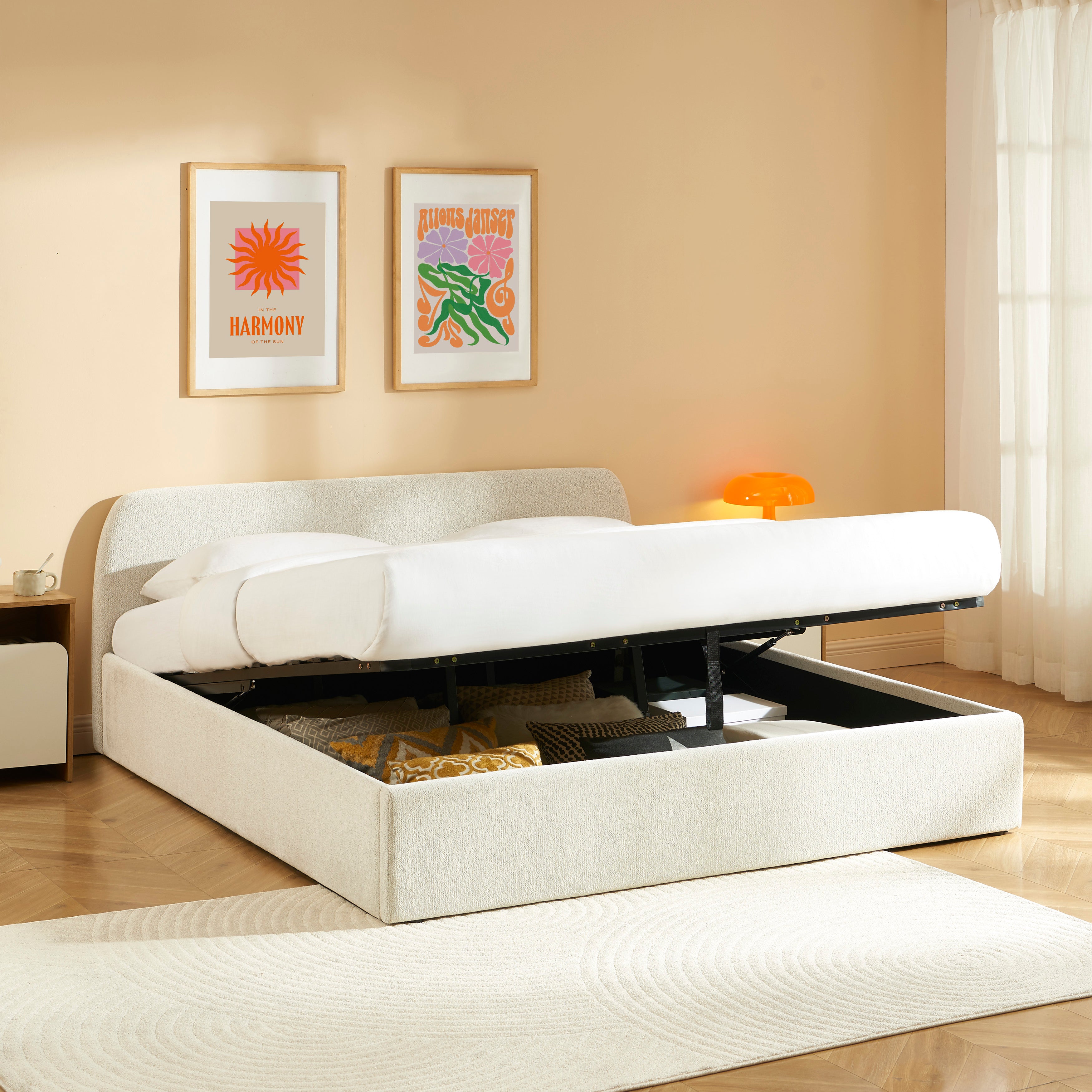 GELA Upholstered Storage Bed with Slatted Base – Beige