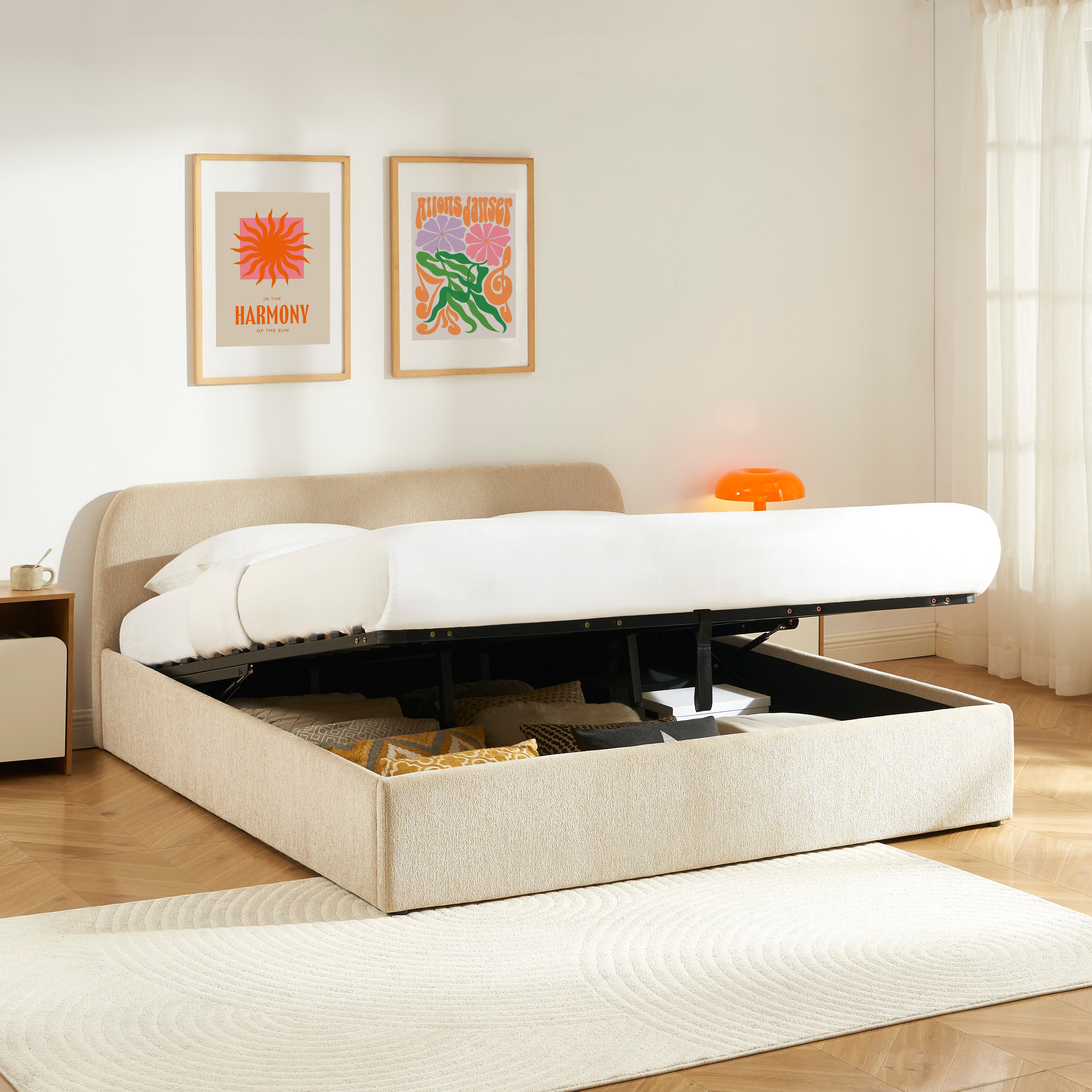 GELA Upholstered Storage Bed with Slatted Base – Greige