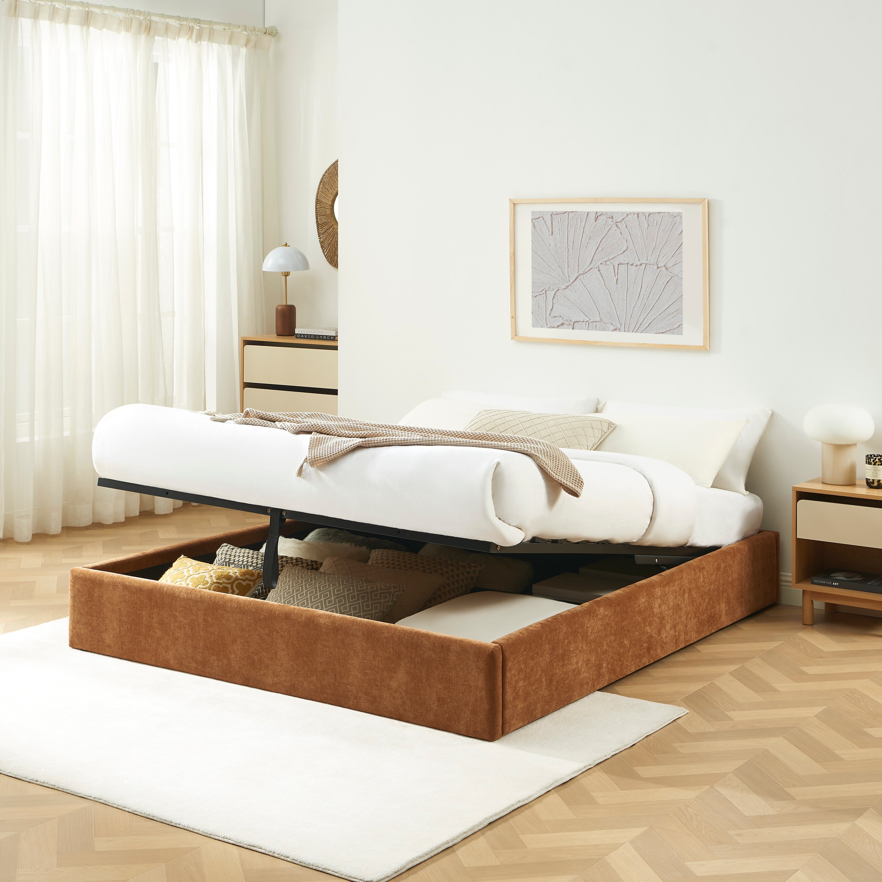 Storage Bed Ivy 160x200 Fabric Brown With Slatted Base – Brown