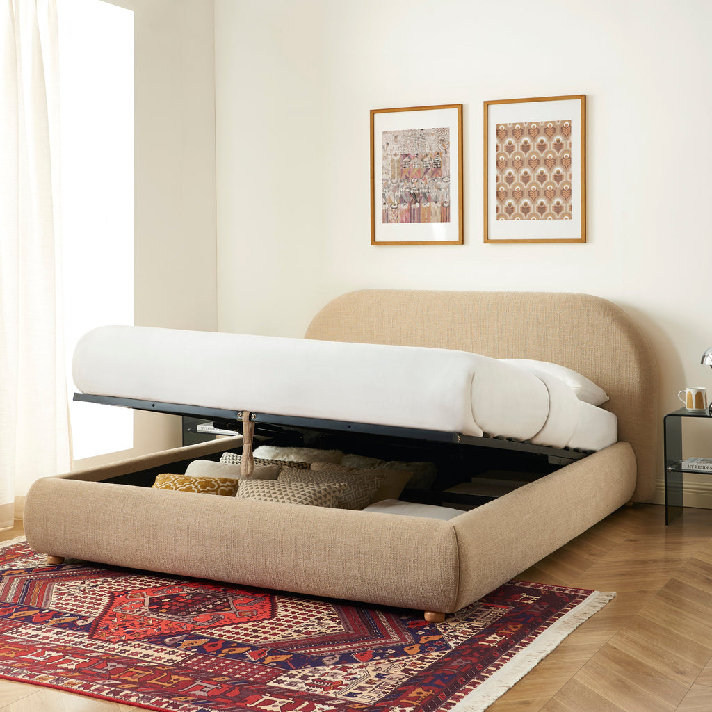 JELLY Upholstered Storage Bed with Slatted Base – Beige