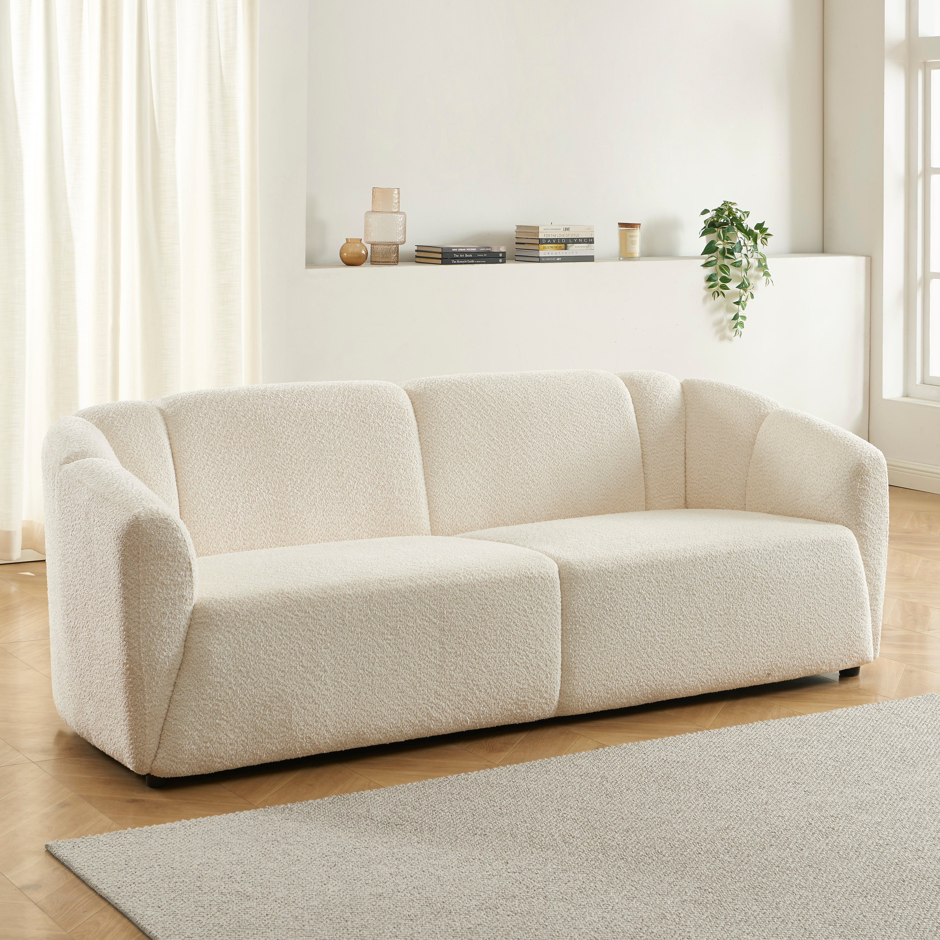 JOE Fixed 3-Seater Sofa – White Bouclé Fabric Living Room Furniture