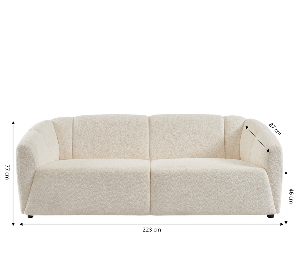 JOE Fixed 3-Seater Sofa – White Bouclé Fabric Living Room Furniture
