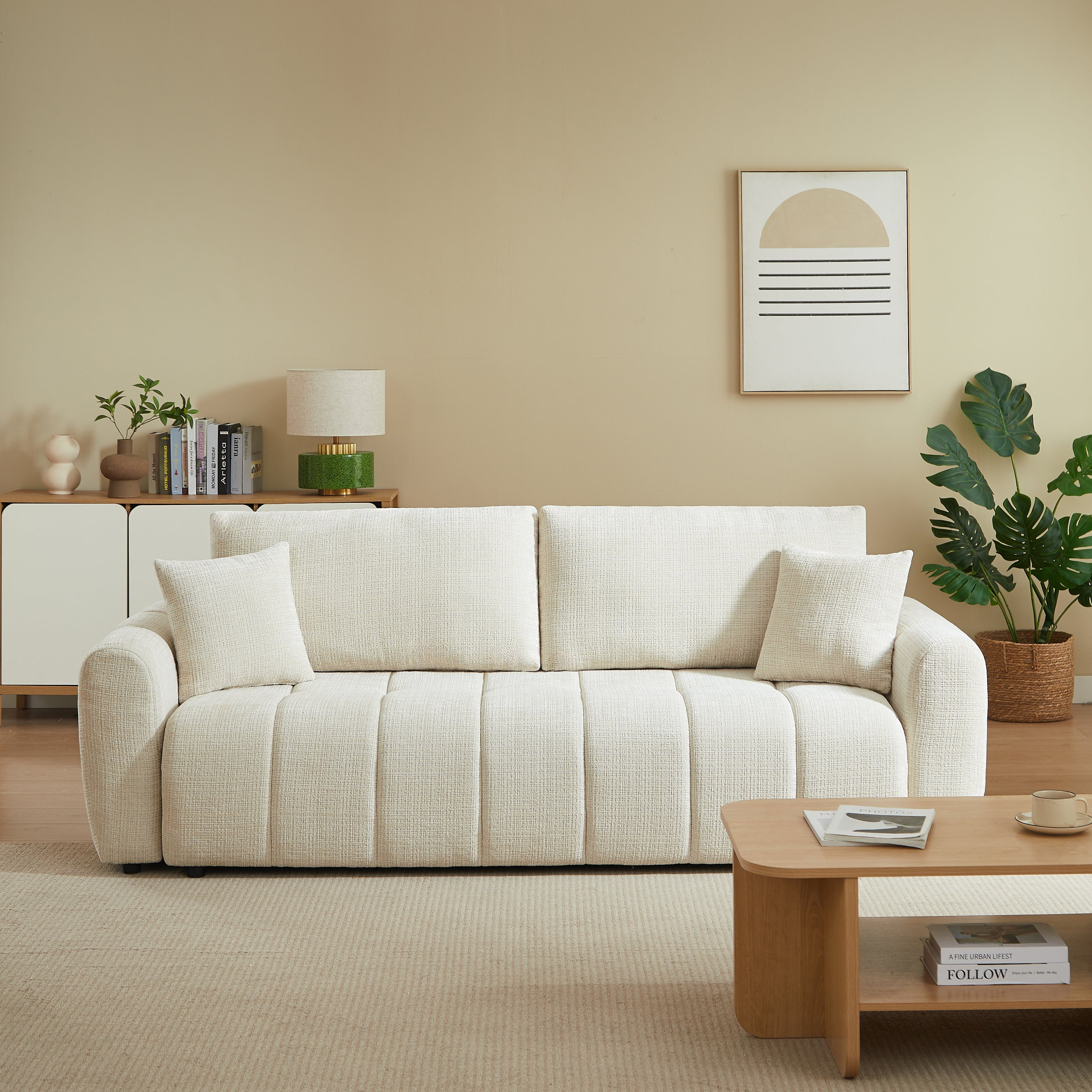Convertible Sofa Jonea 3 Seater Textured Fabric Beige – Beige