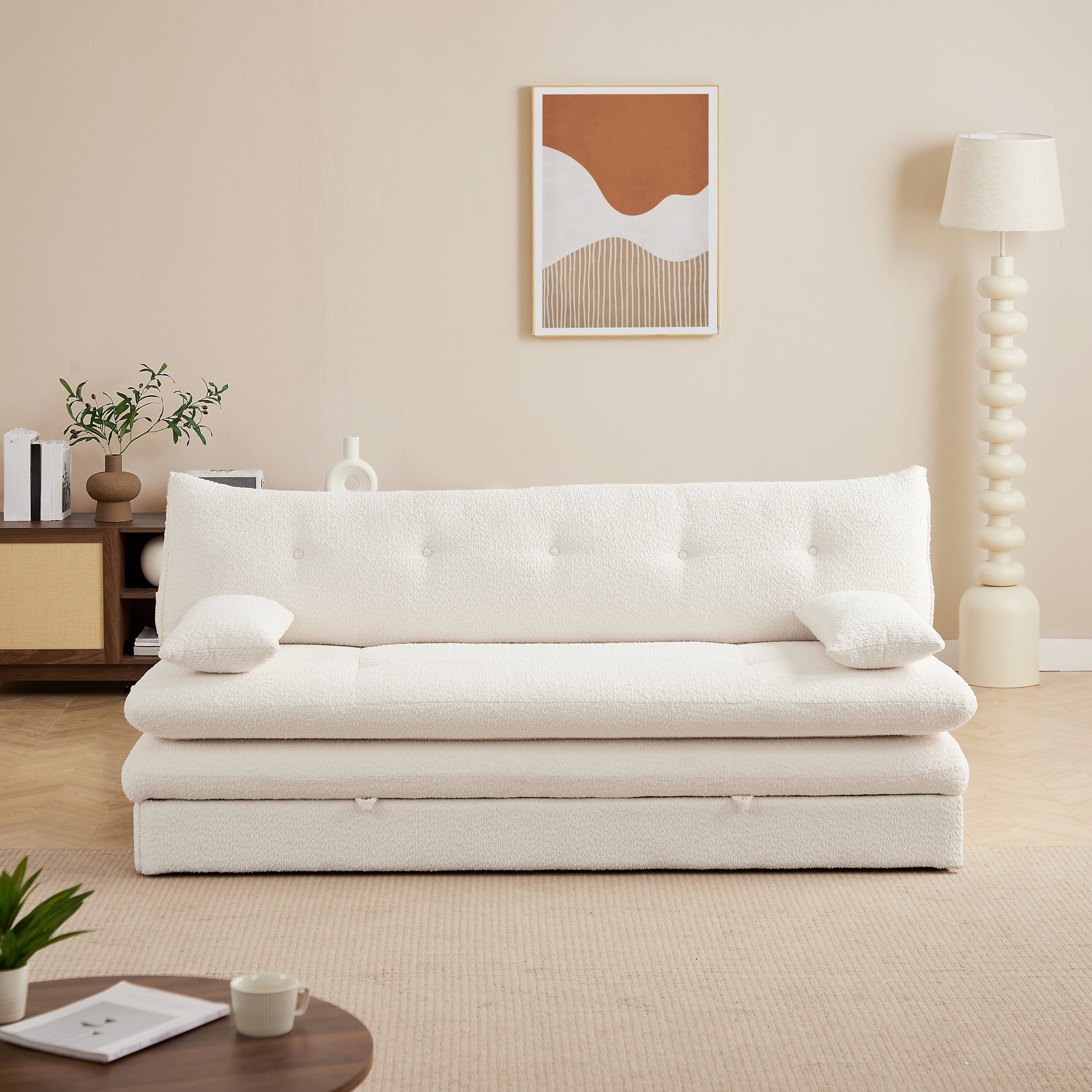 KIARA 76'' 3-Seater Convertible Sleeper Sofa Bed - Beige bouclé
