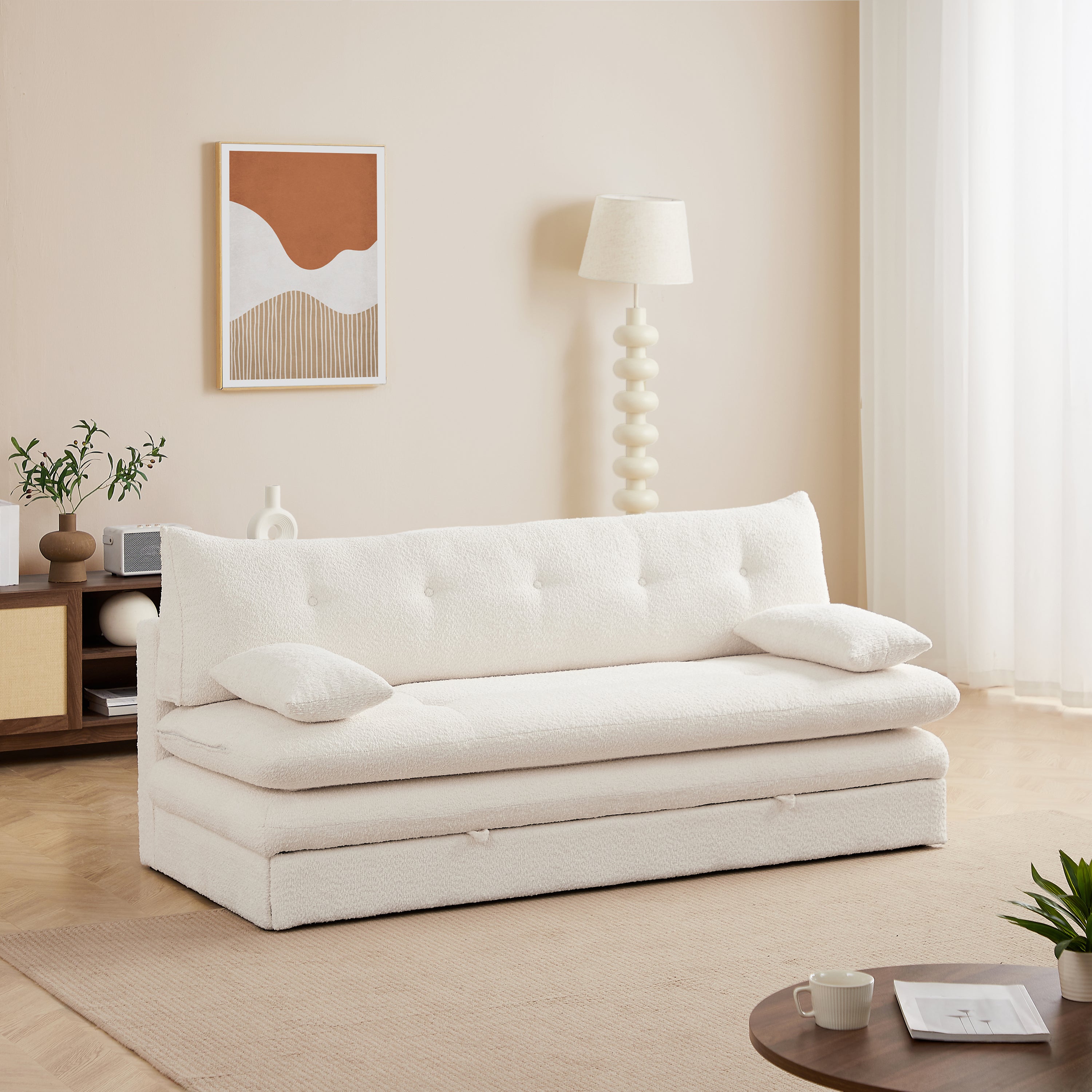 KIARA 76'' 3-Seater Convertible Sleeper Sofa Bed - Beige bouclé
