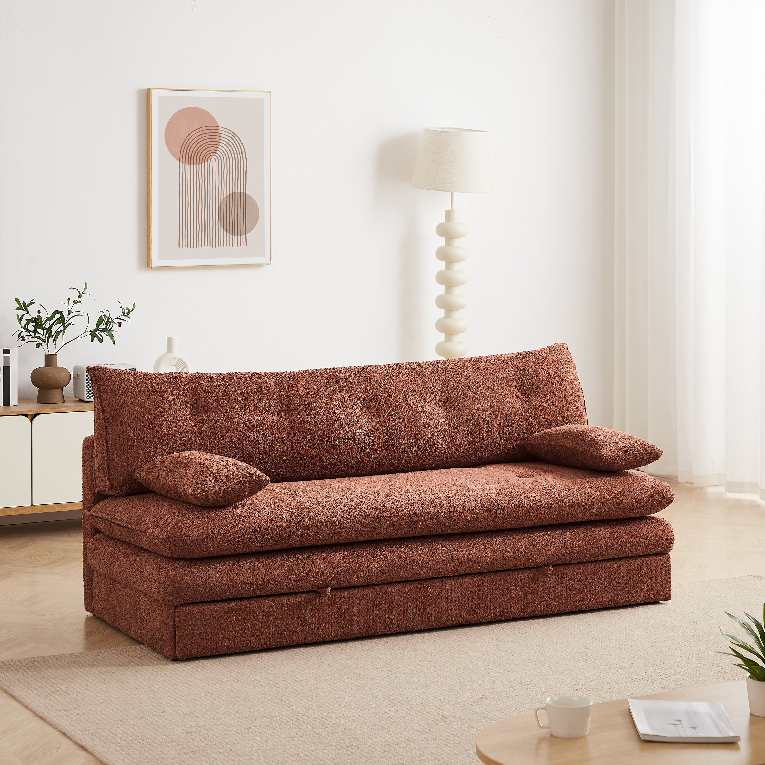 KIARA 76'' 3-Seater Convertible Sleeper Sofa Bed - Terracotta bouclé