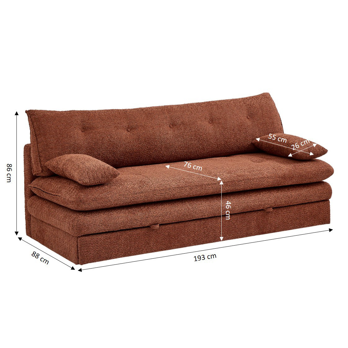 KIARA 76'' 3-Seater Convertible Sleeper Sofa Bed - Terracotta bouclé