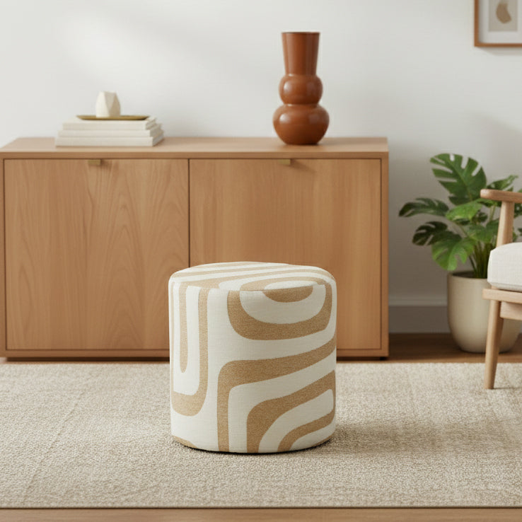 KON Upholstered Pouf White Fabric with Beige Pattern