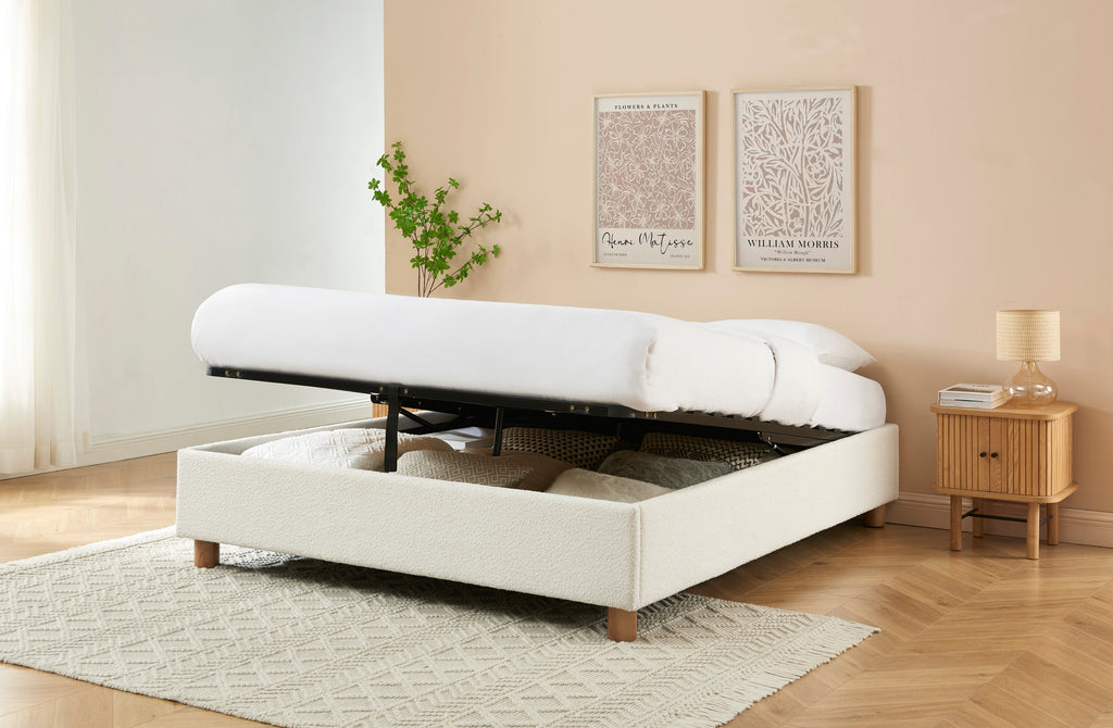 KORALL Upholstered Storage Bed with Slatted Base – White