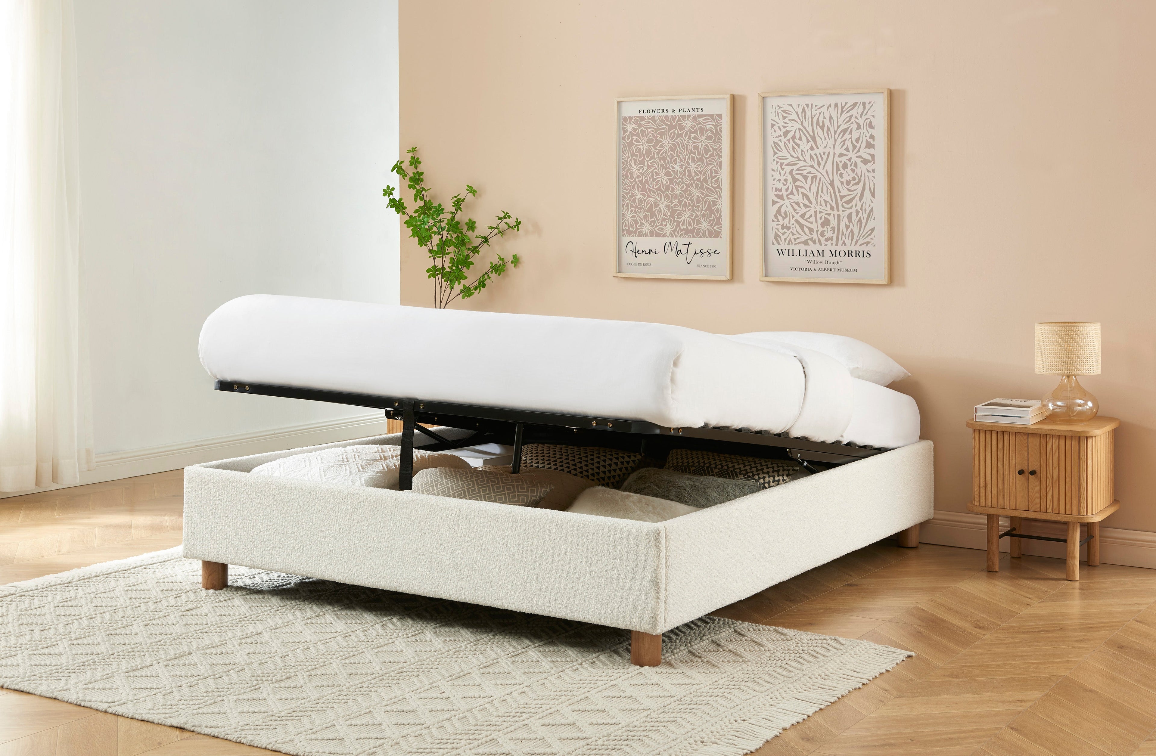 KORALL Upholstered Storage Bed with Slatted Base – White
