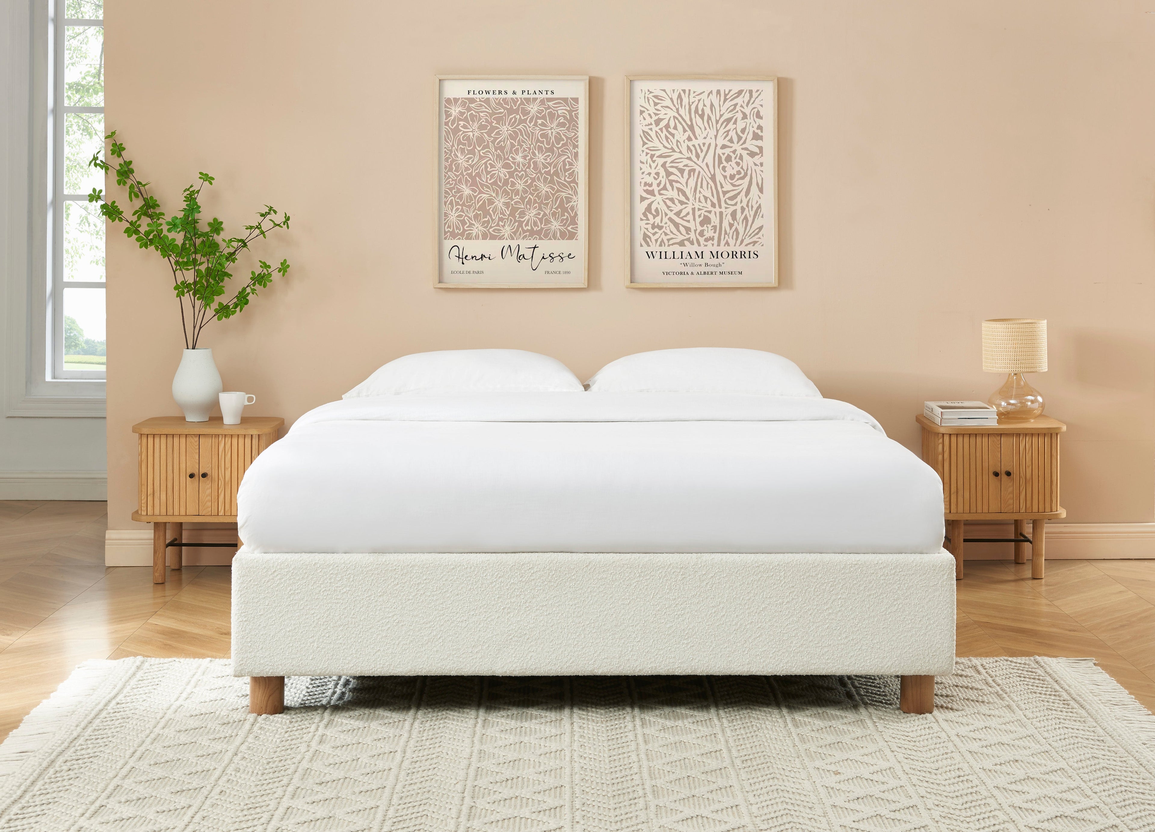 KORALL Upholstered Storage Bed with Slatted Base – White