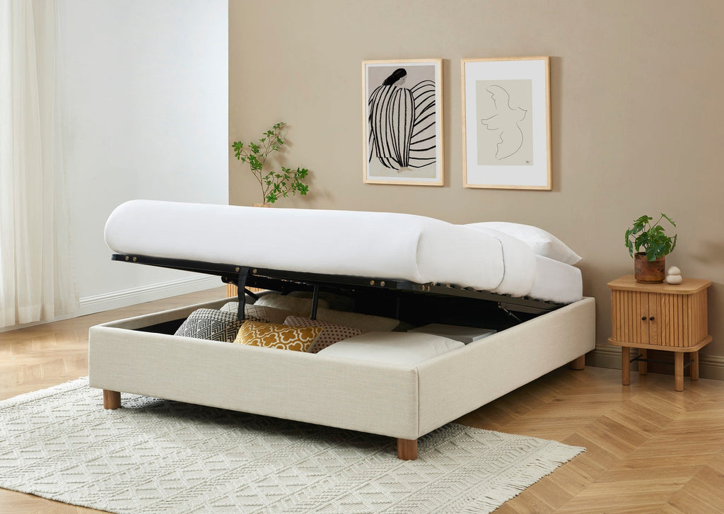 KORALL Upholstered Storage Bed with Slatted Base – Off-White
