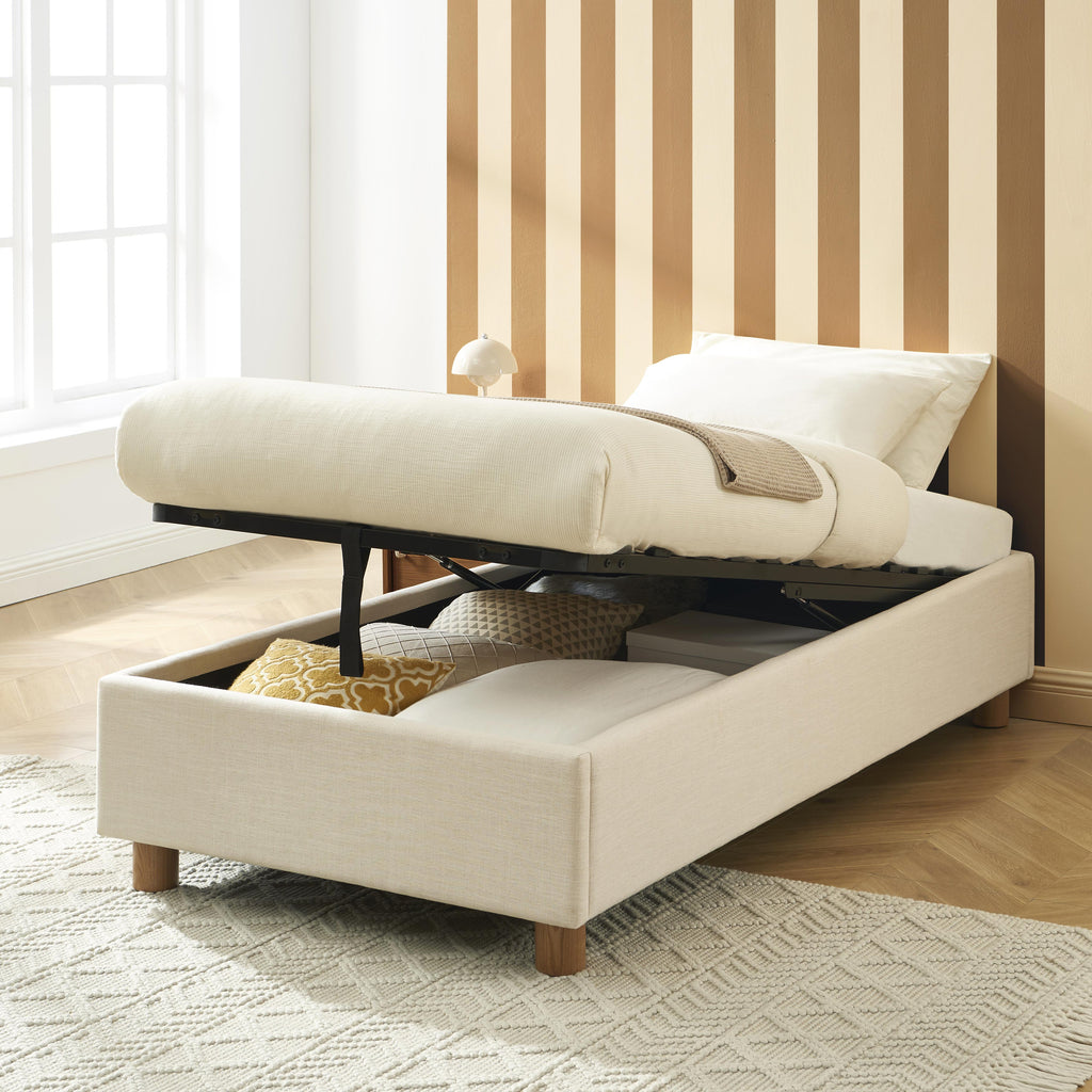 KORALL Upholstered Storage Bed with Slatted Base – Off-White