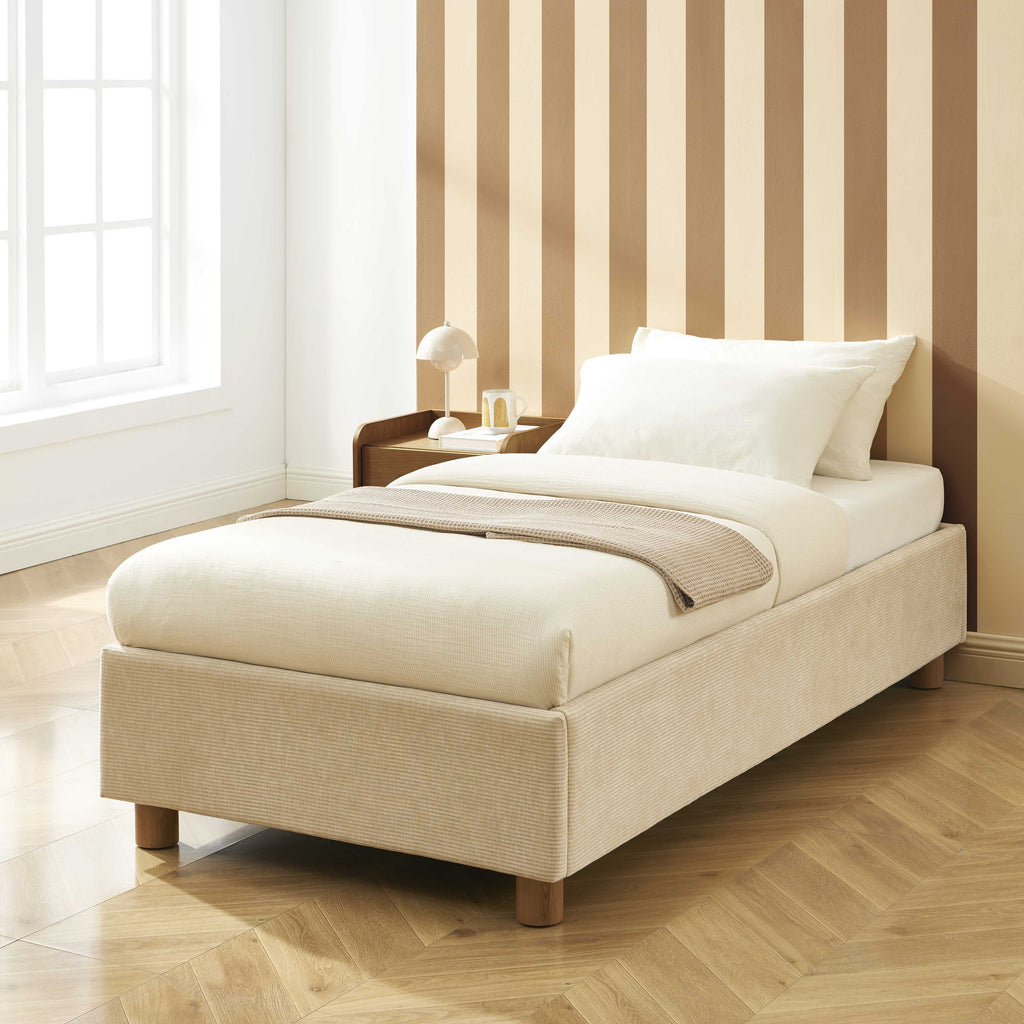 KORALL Upholstered Storage Bed with Slatted Base – Corduroy Velvet – Beige