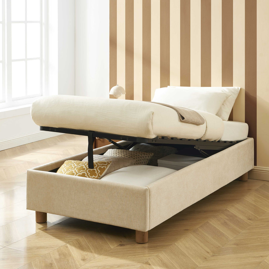 KORALL Upholstered Storage Bed with Slatted Base – Corduroy Velvet – Beige