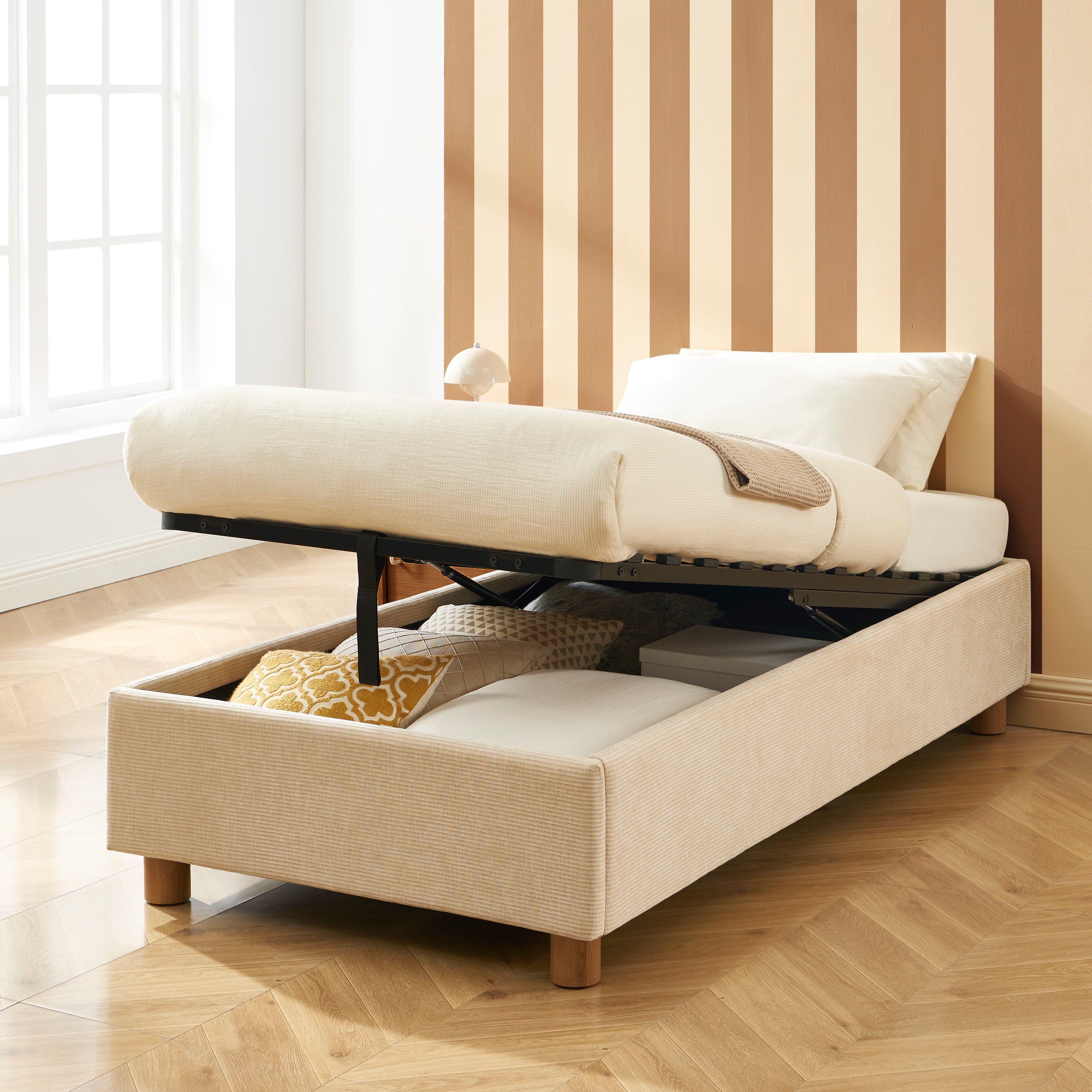 KORALL Upholstered Storage Bed with Slatted Base – Corduroy Velvet – Beige