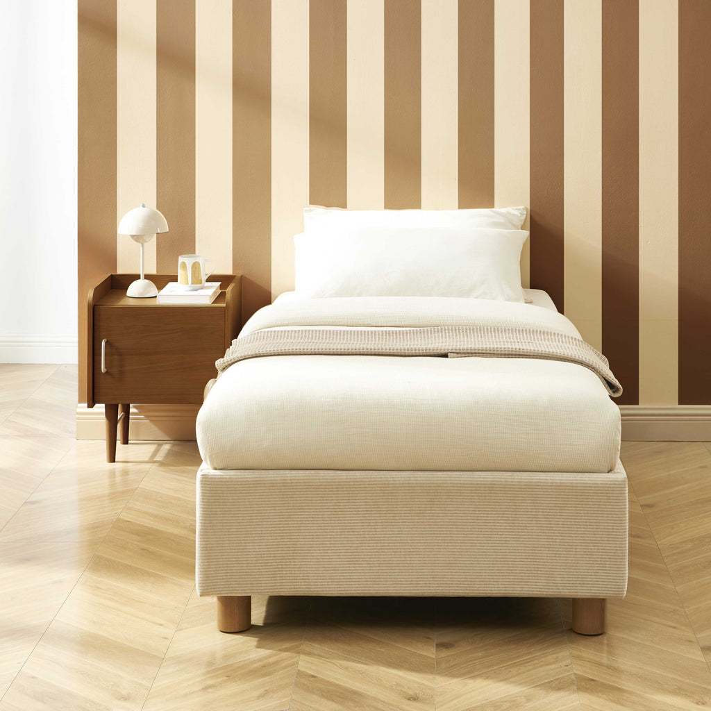 KORALL Upholstered Storage Bed with Slatted Base – Corduroy Velvet – Beige