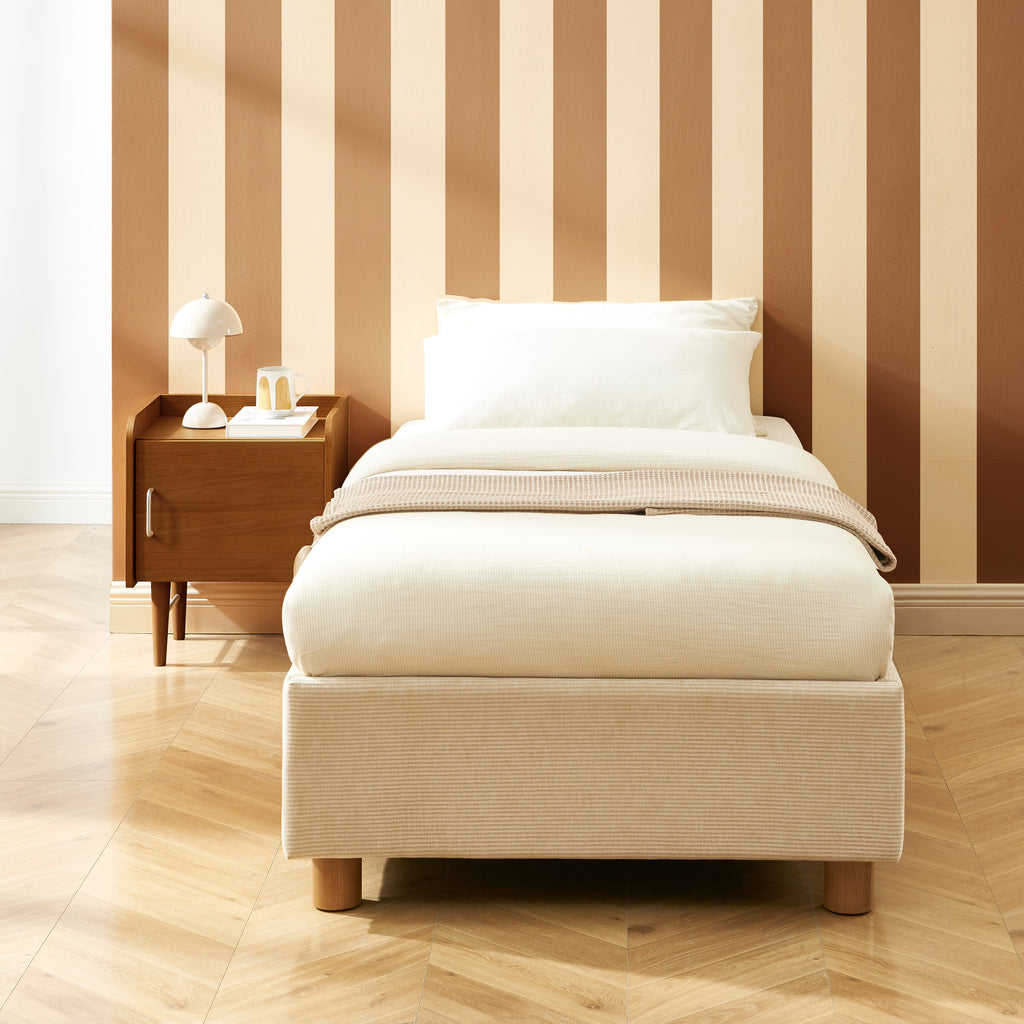 KORALL Upholstered Storage Bed with Slatted Base – Corduroy Velvet – Beige