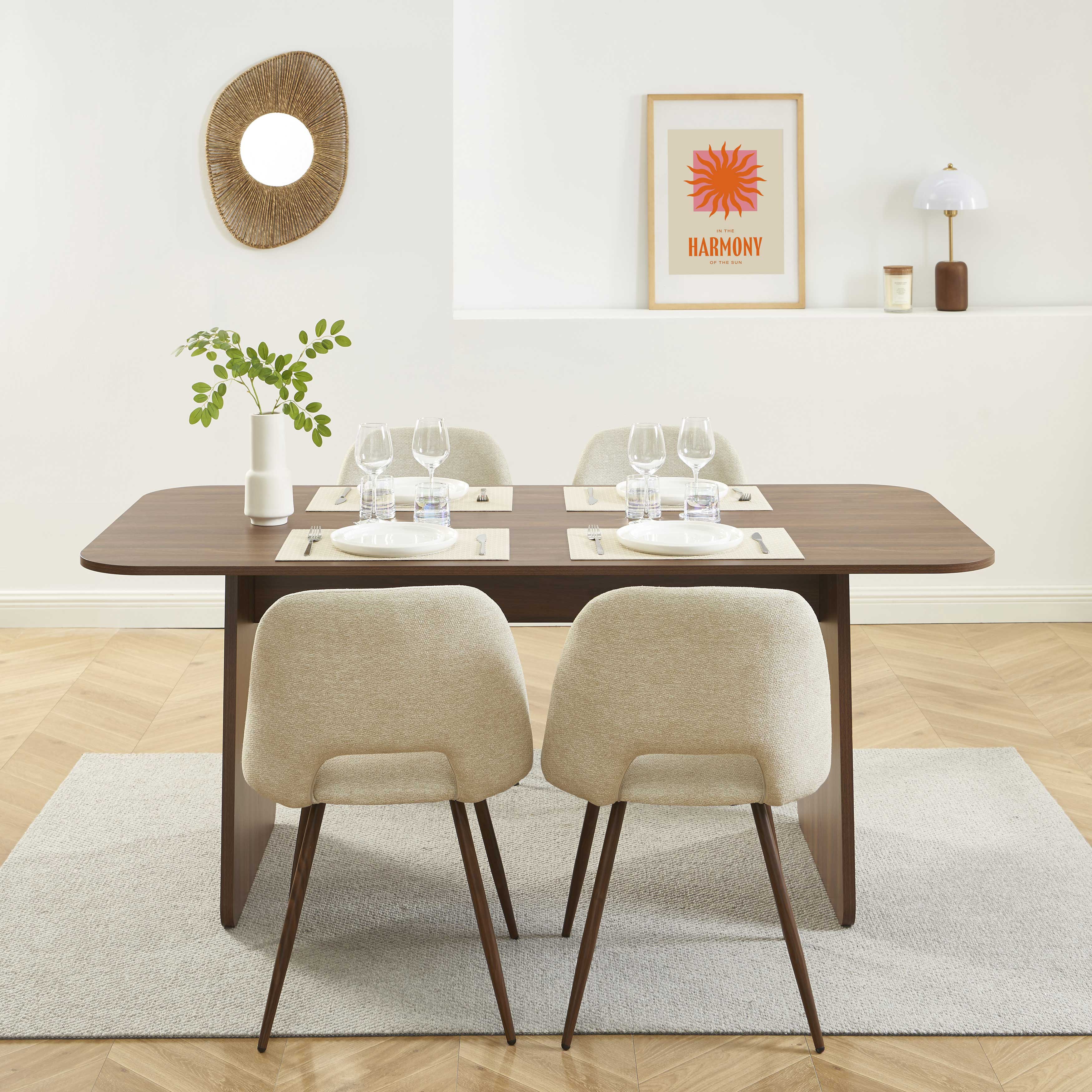 LANGO table set with 4 ELISABETH Chairs - Dark wood/Beige