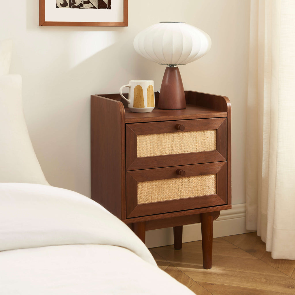 LEON Wood Veneer Nightstand with Drawers – Walnut