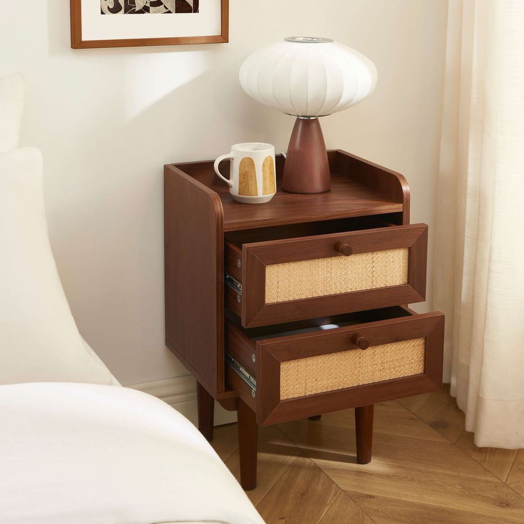LEON Wood Veneer Nightstand with Drawers – Walnut