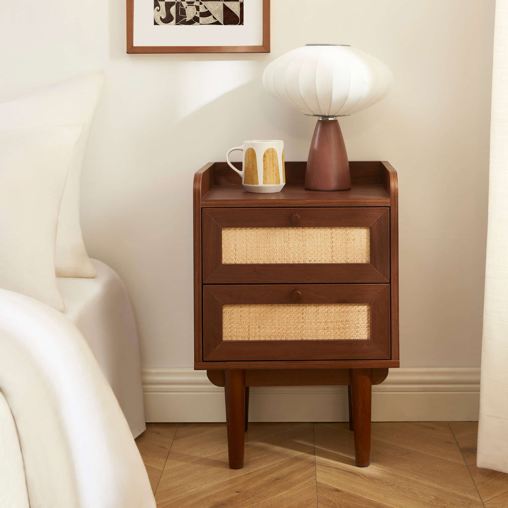 LEON Wood Veneer Nightstand with Drawers – Walnut