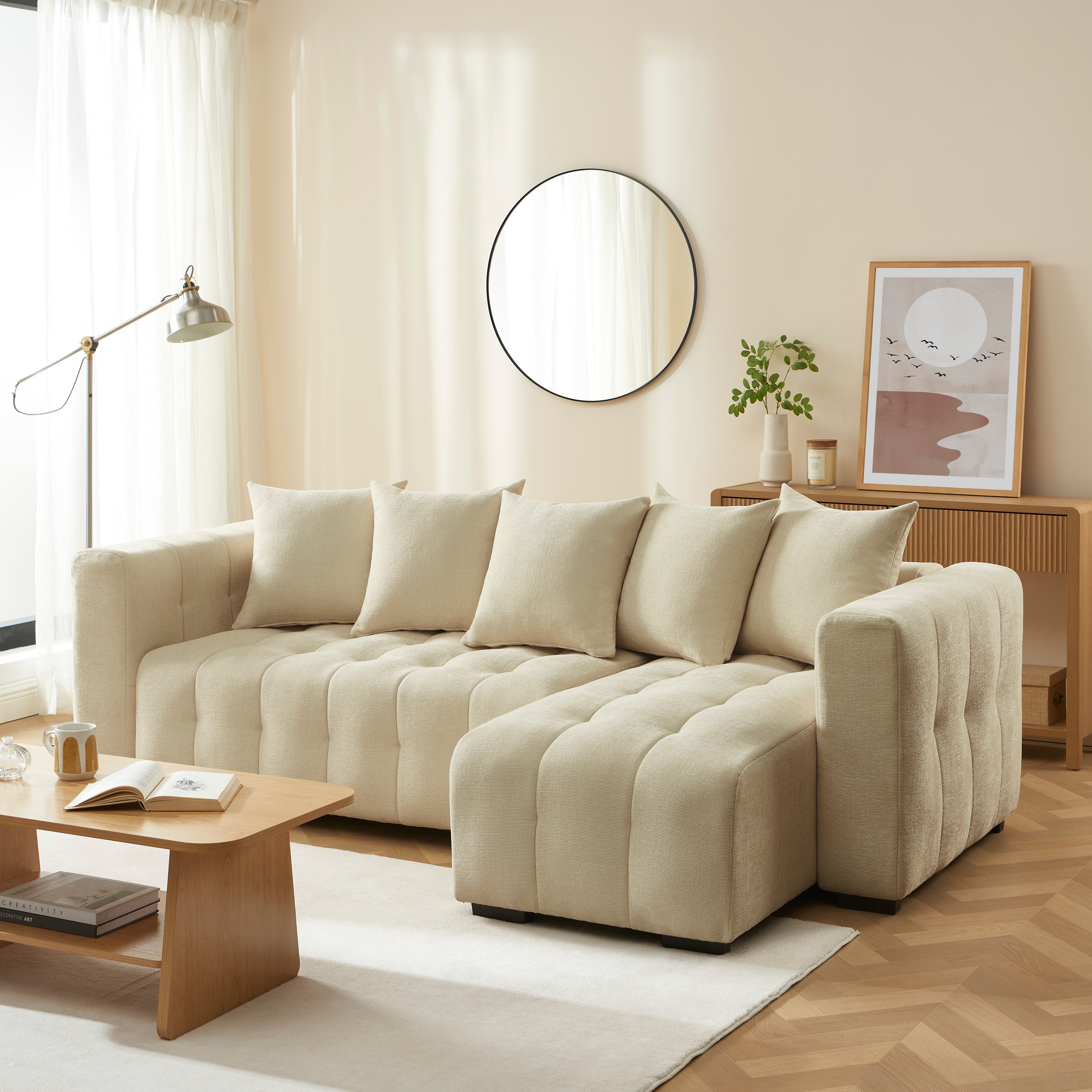 LEVIA Convertible & Reversible Sectional Sleeper Sofa – Beige Fabric 4-Seater Living Room Furniture