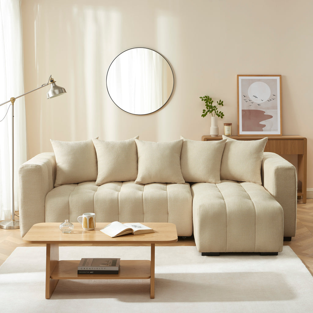 LEVIA Convertible & Reversible Sectional Sleeper Sofa – Beige Fabric 4-Seater Living Room Furniture