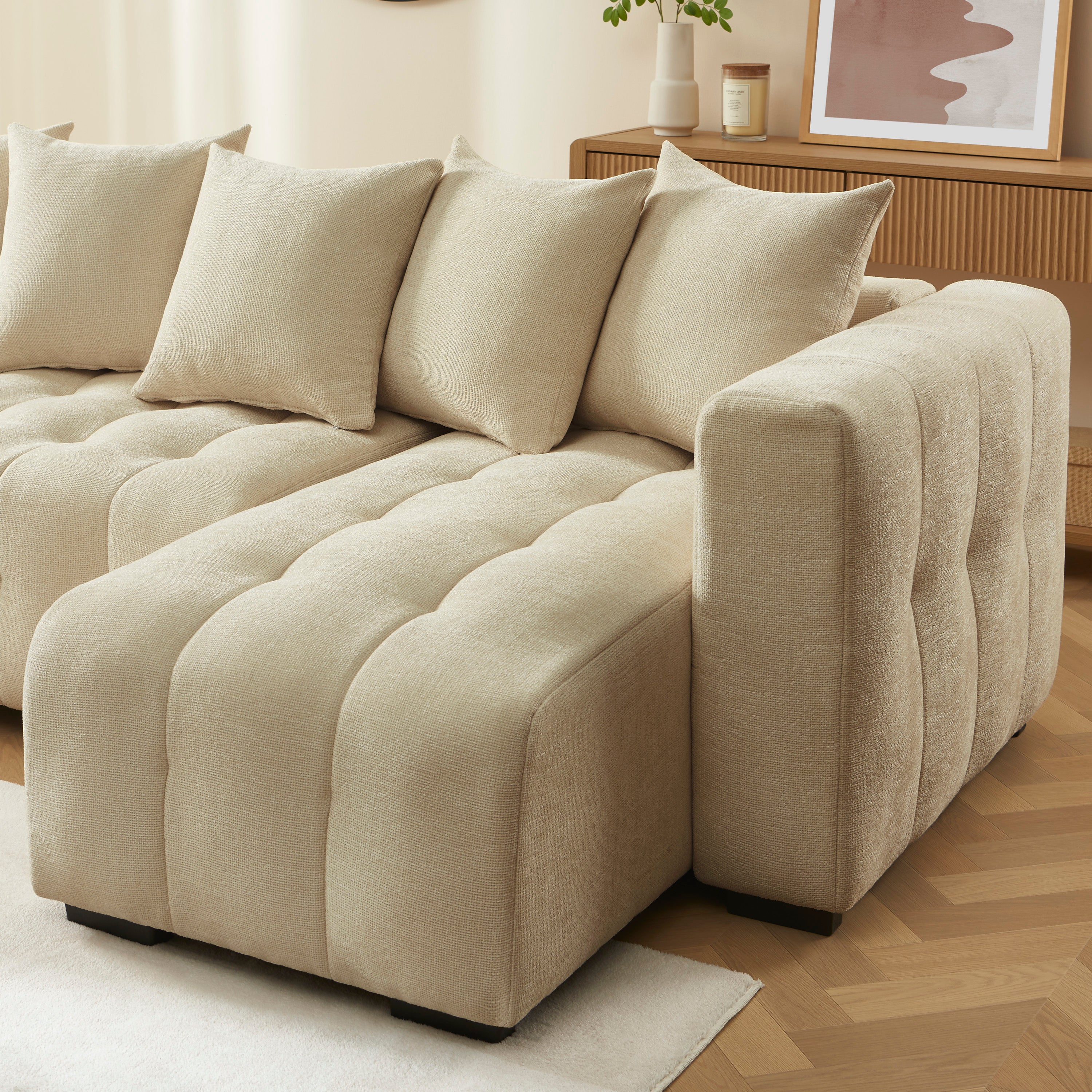 LEVIA Convertible & Reversible Sectional Sleeper Sofa – Beige Fabric 4-Seater Living Room Furniture