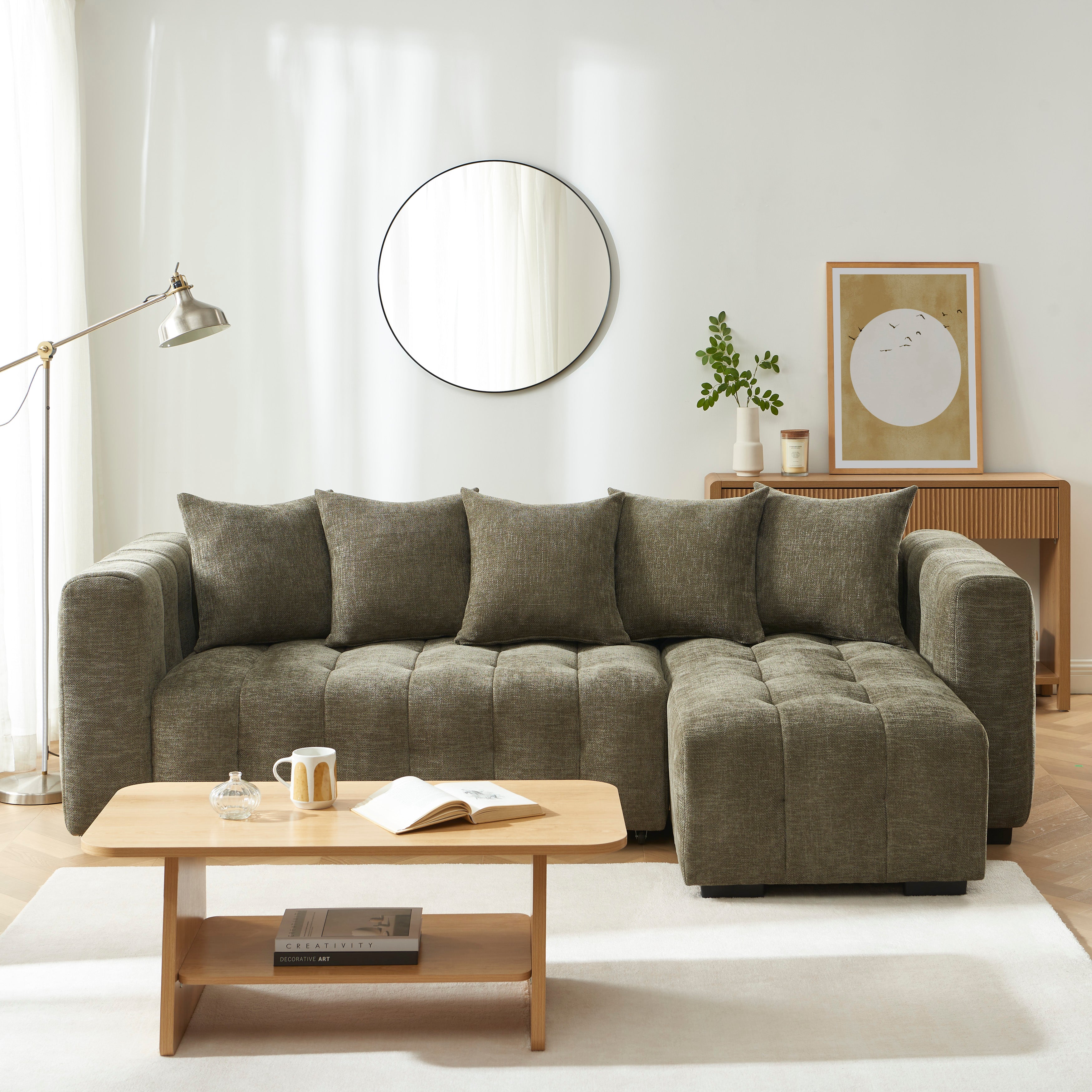 LEVIA Convertible & Reversible Sectional Sleeper Sofa – Beige Fabric 4-Seater Living Room Furniture