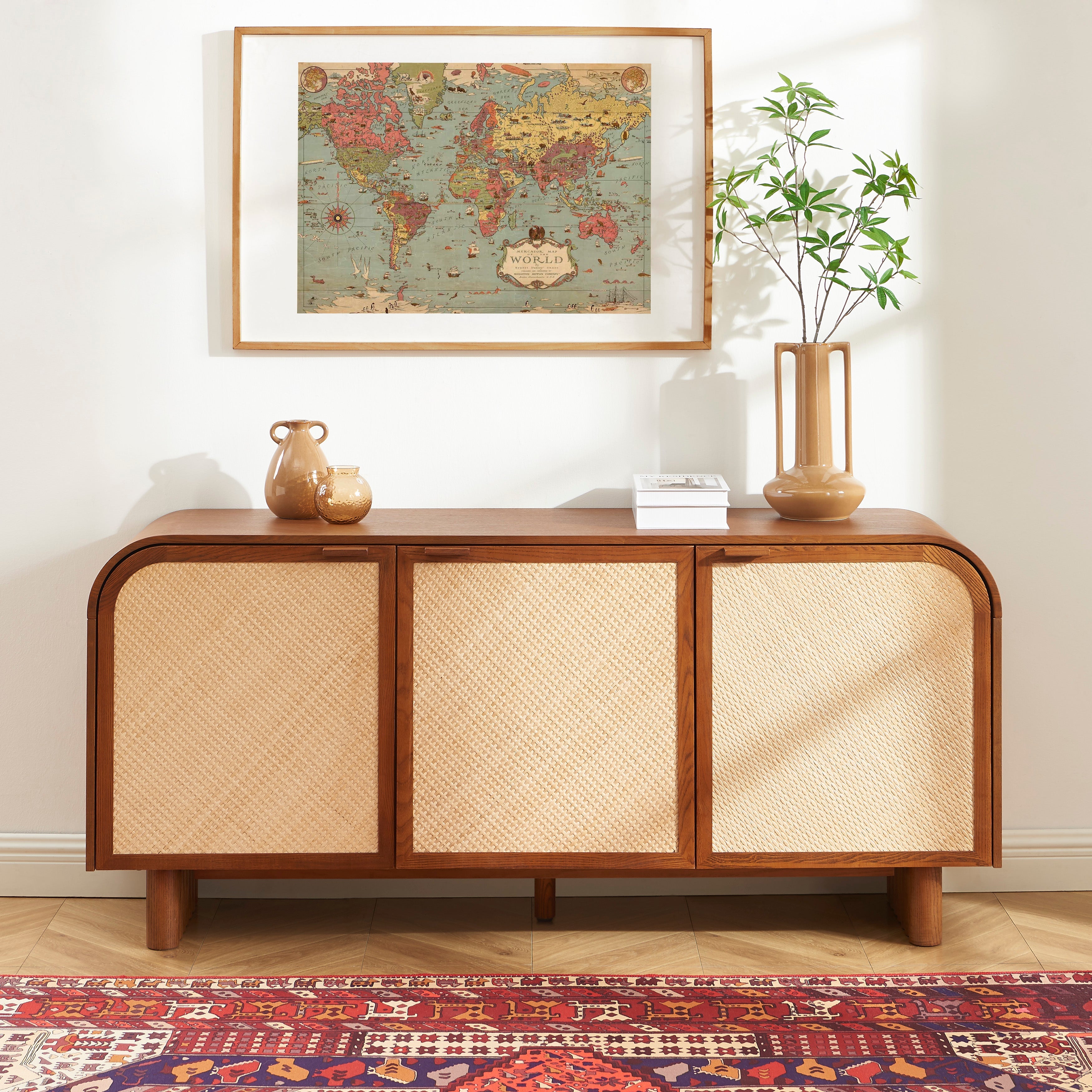 LUA Ash Veneer and Rattan Cane Highboard