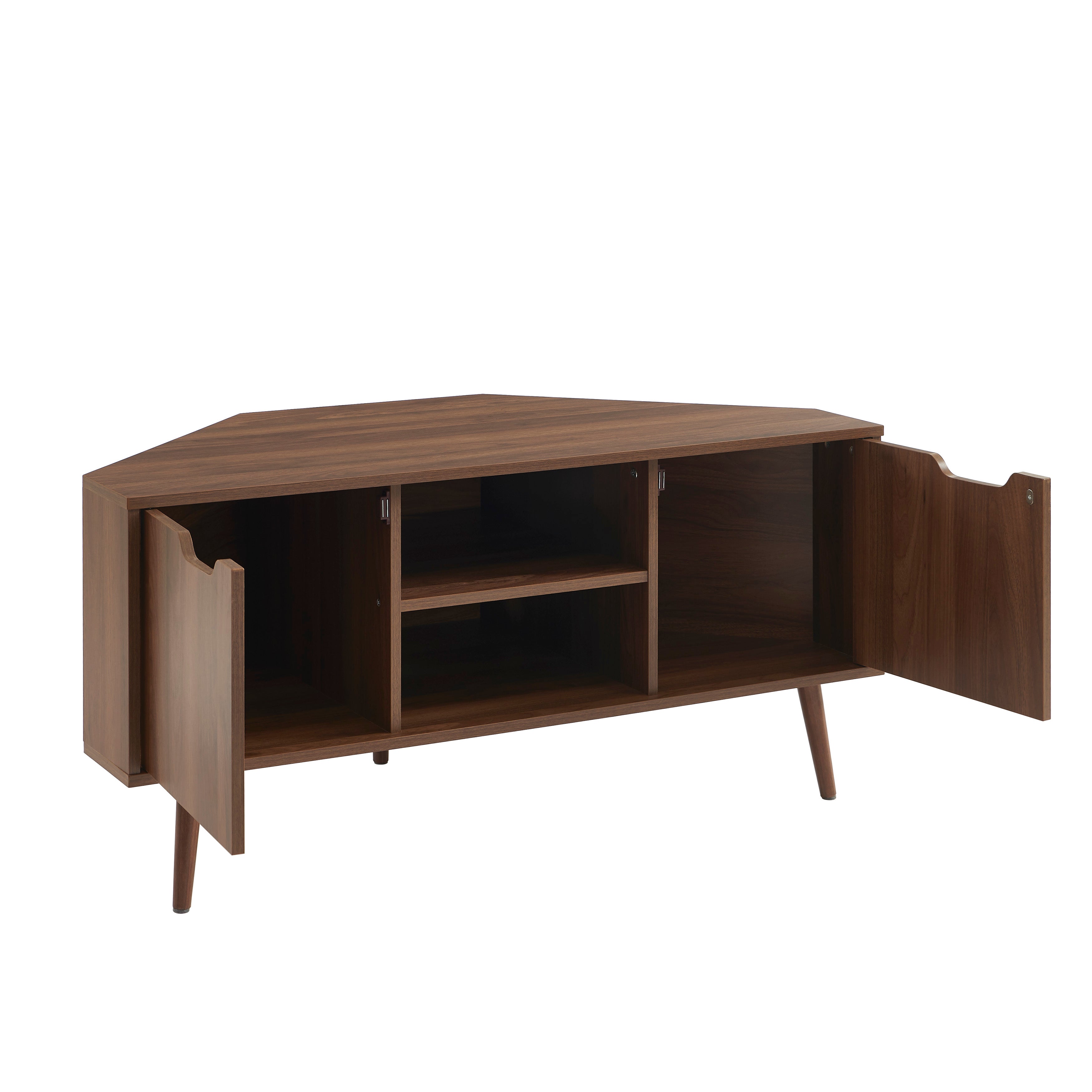 LYNA Corner TV Stand with Open Shelving – Walnut