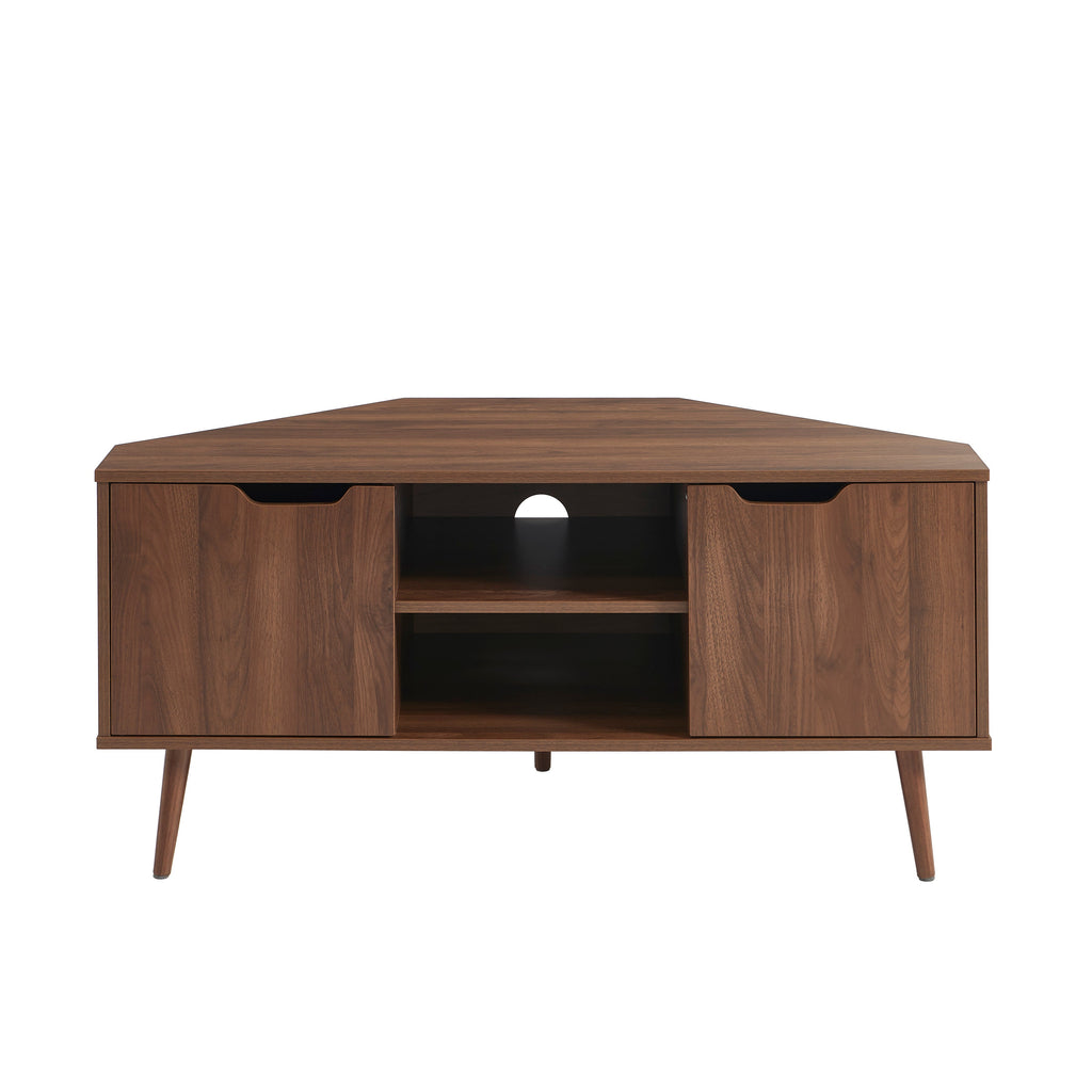 LYNA Corner TV Stand with Open Shelving – Walnut