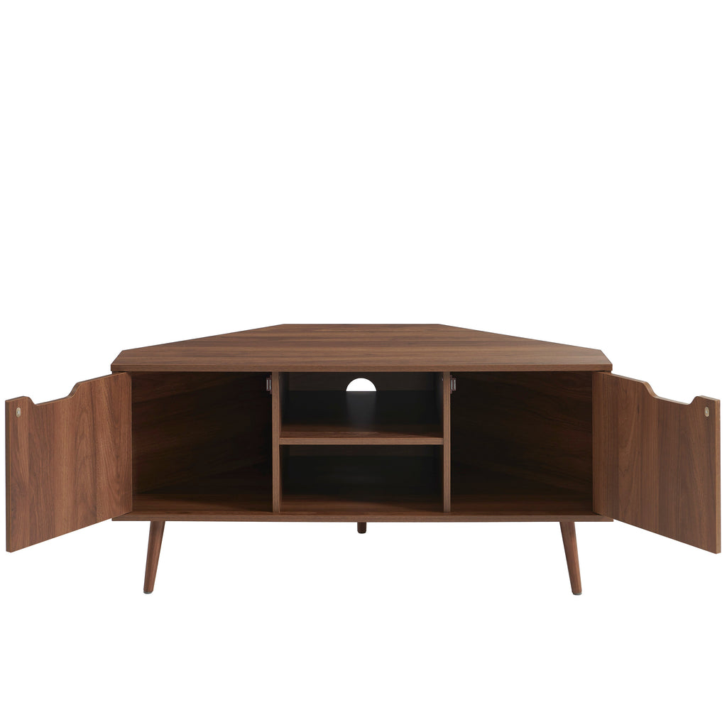 LYNA Corner TV Stand with Open Shelving – Walnut