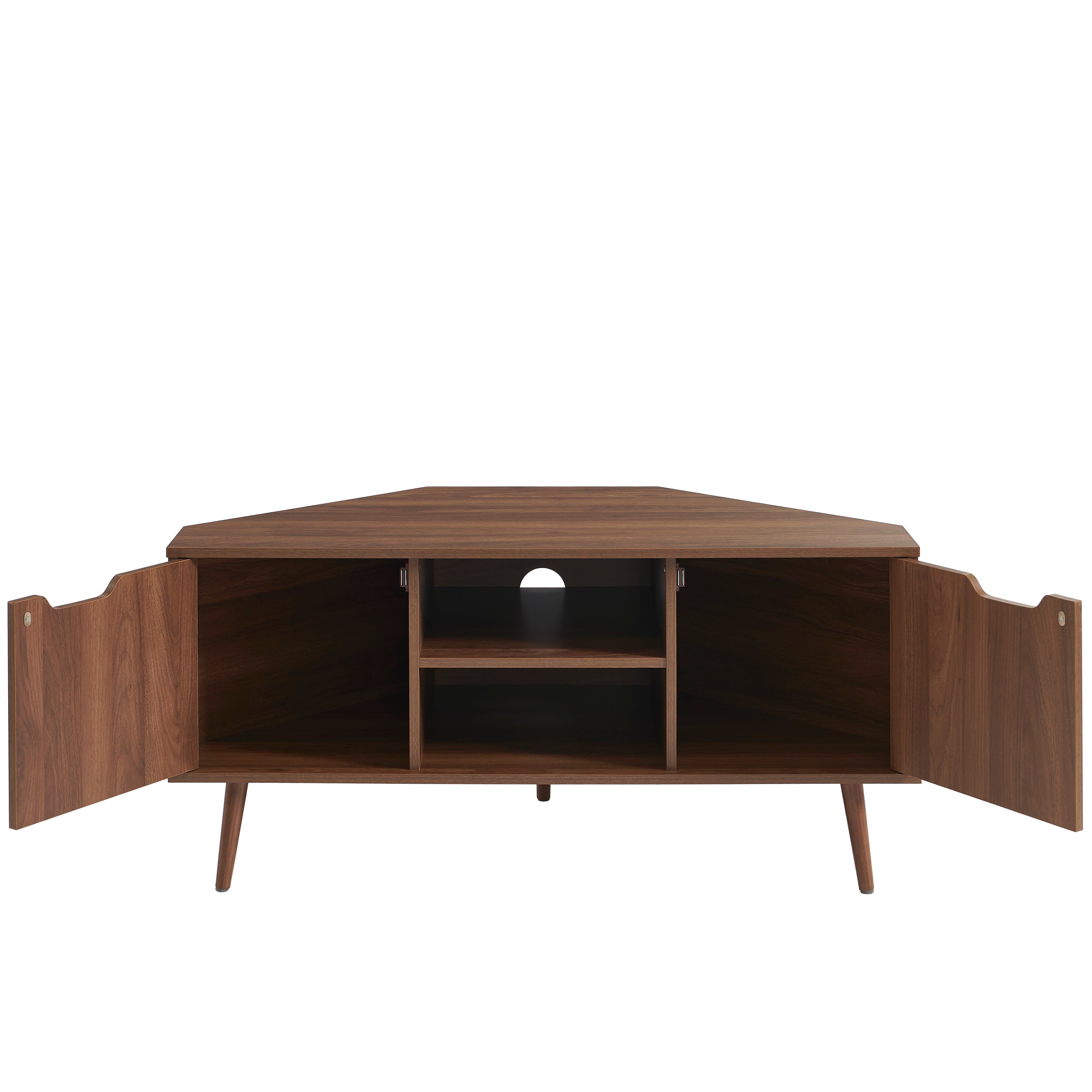 LYNA Corner TV Stand with Open Shelving – Walnut