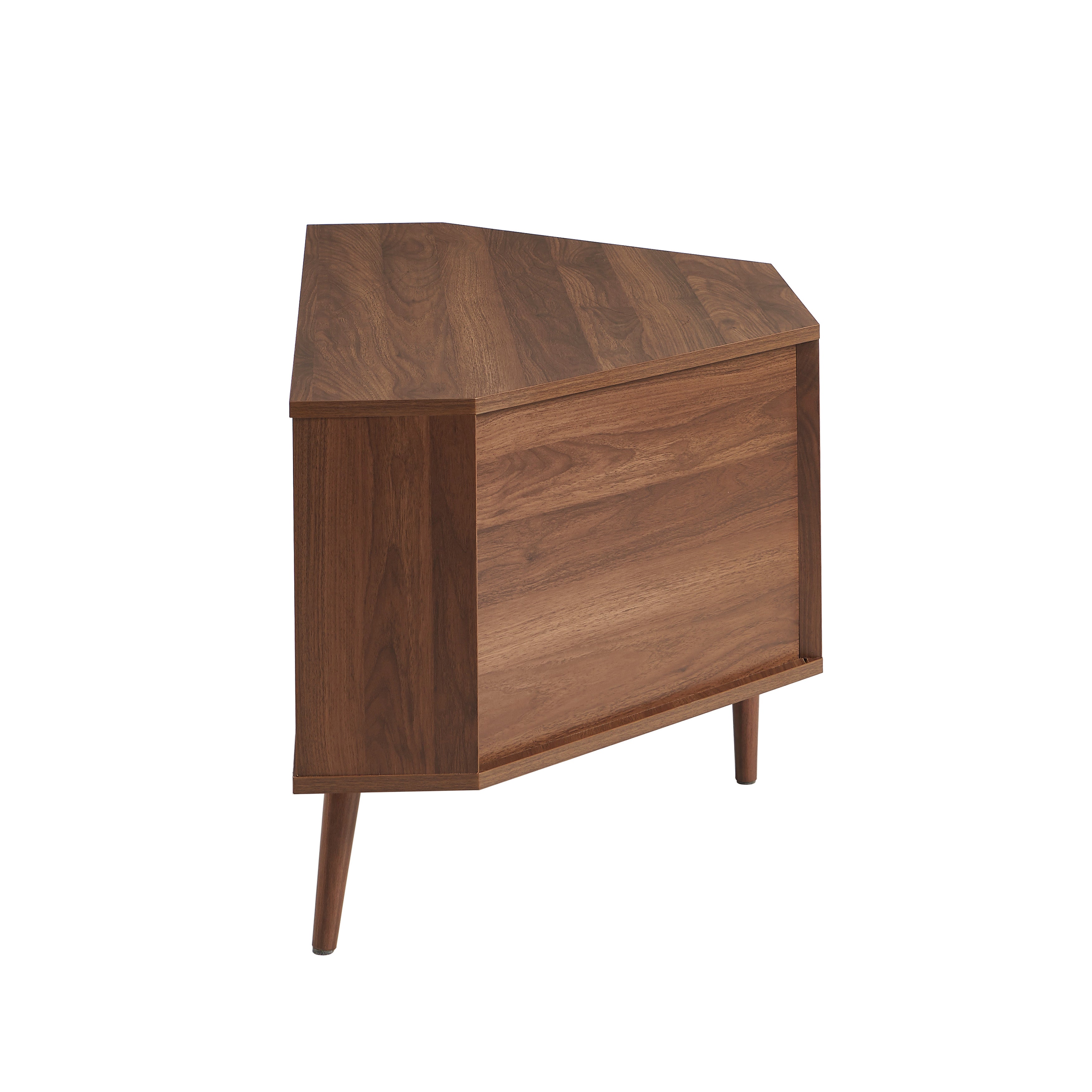 LYNA Corner TV Stand with Open Shelving – Walnut