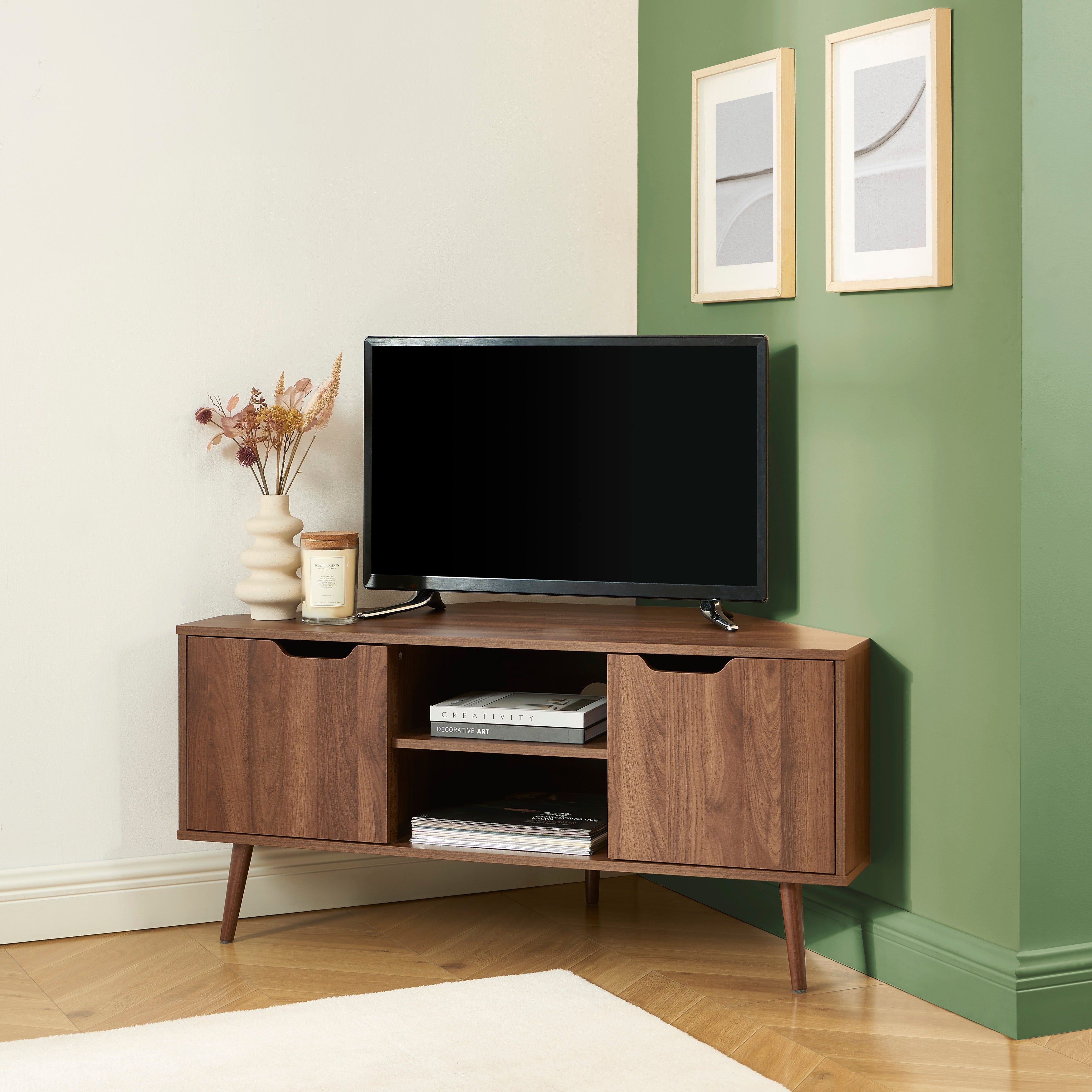 LYNA Corner TV Stand with Open Shelving – Walnut