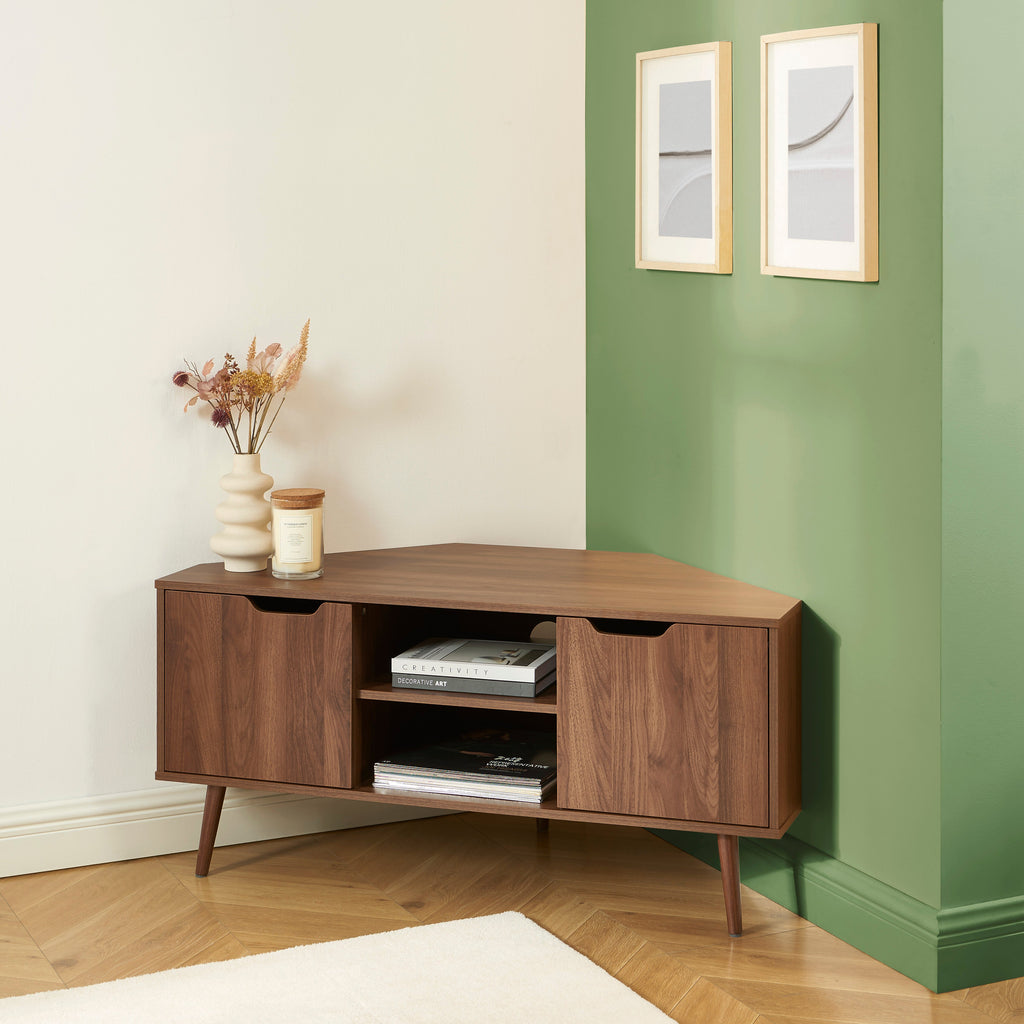LYNA Corner TV Stand with Open Shelving – Walnut
