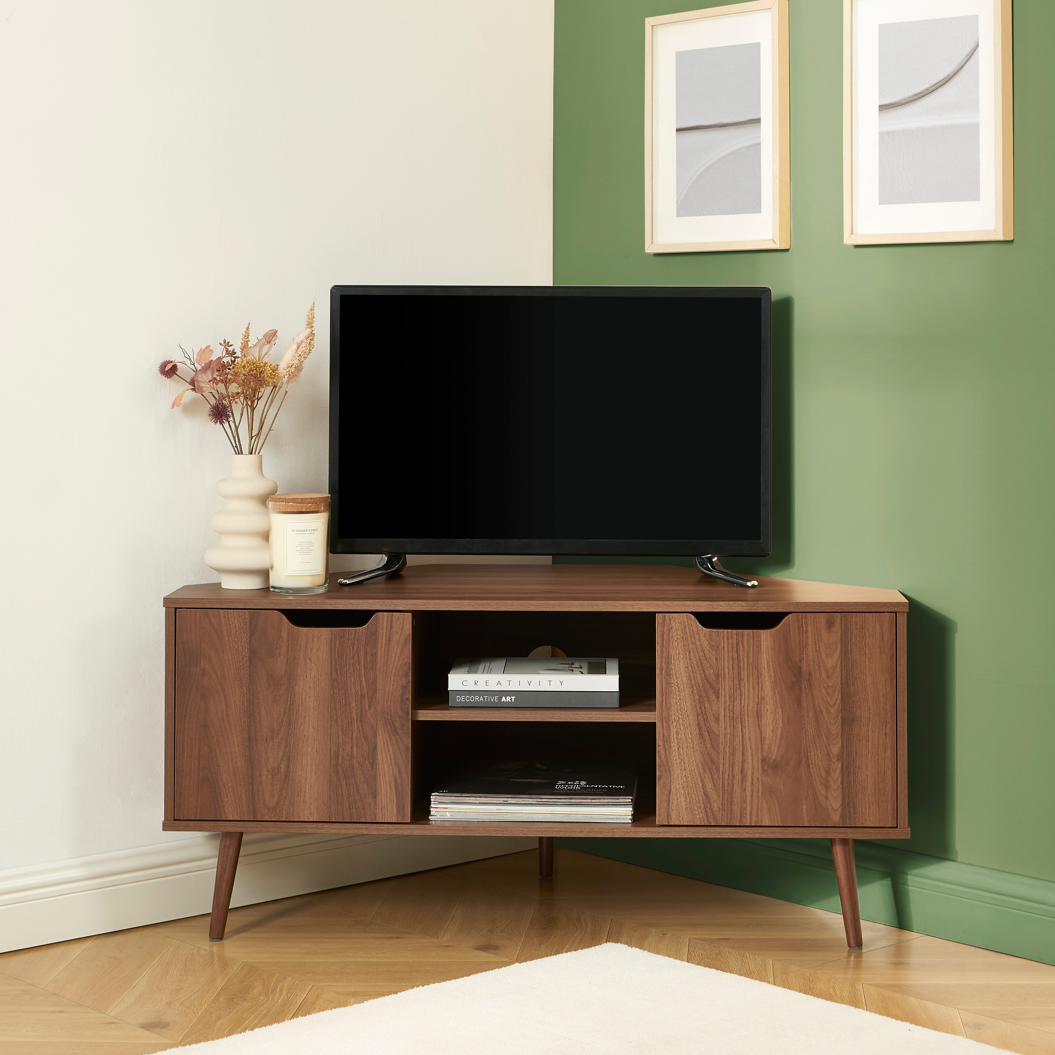 LYNA Corner TV Stand with Open Shelving – Walnut