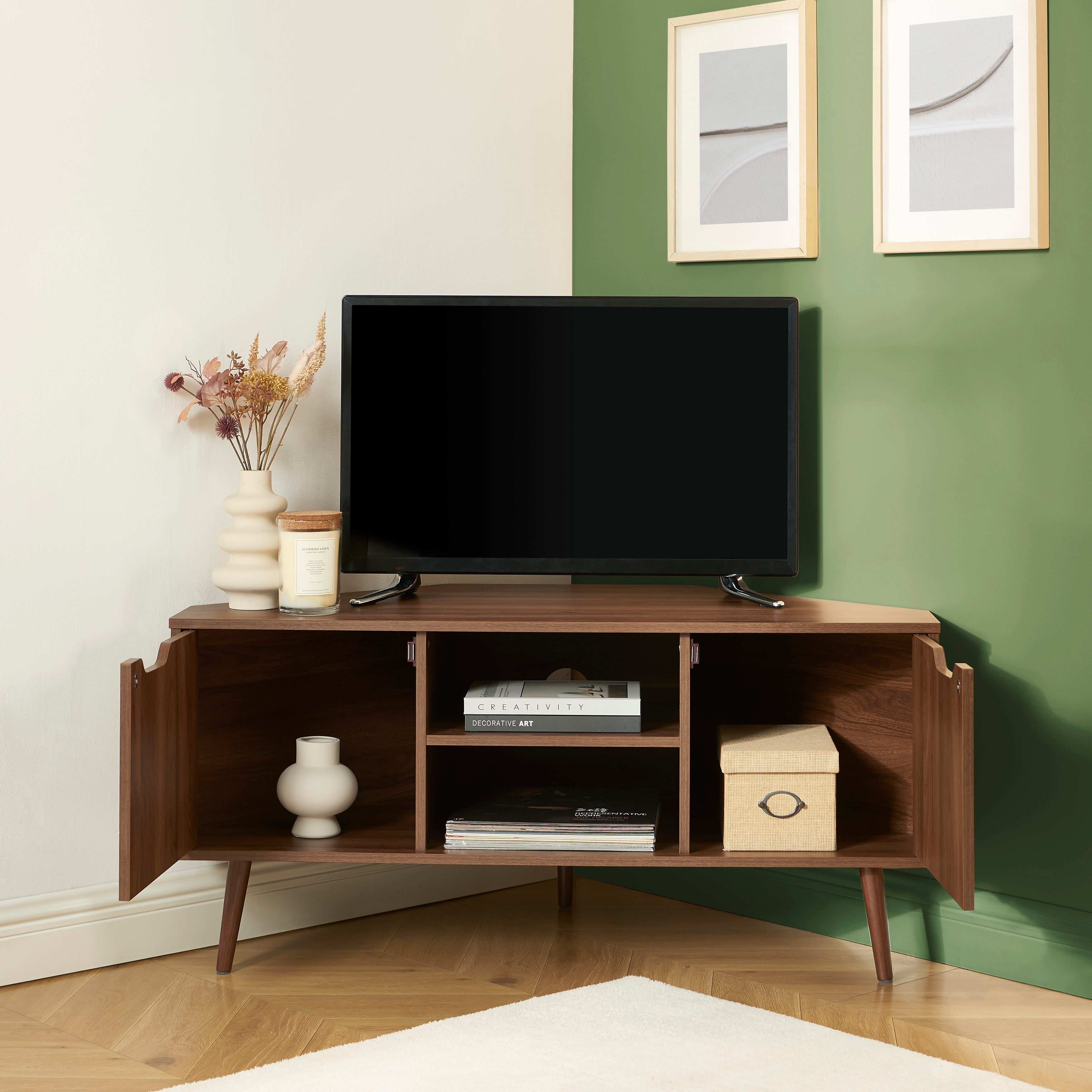 LYNA Corner TV Stand with Open Shelving – Walnut