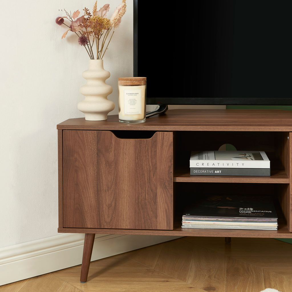 LYNA Corner TV Stand with Open Shelving – Walnut