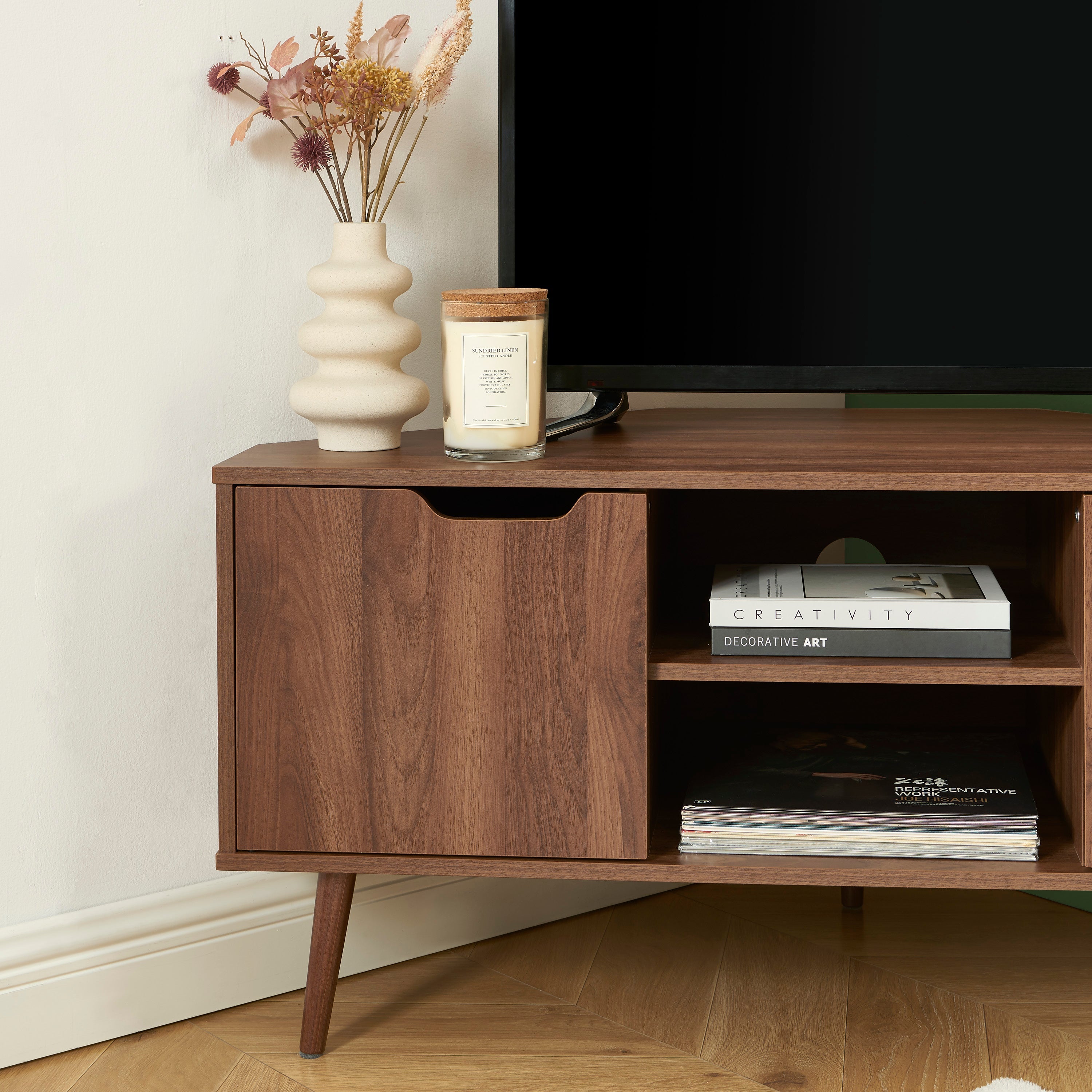 LYNA Corner TV Stand with Open Shelving – Walnut