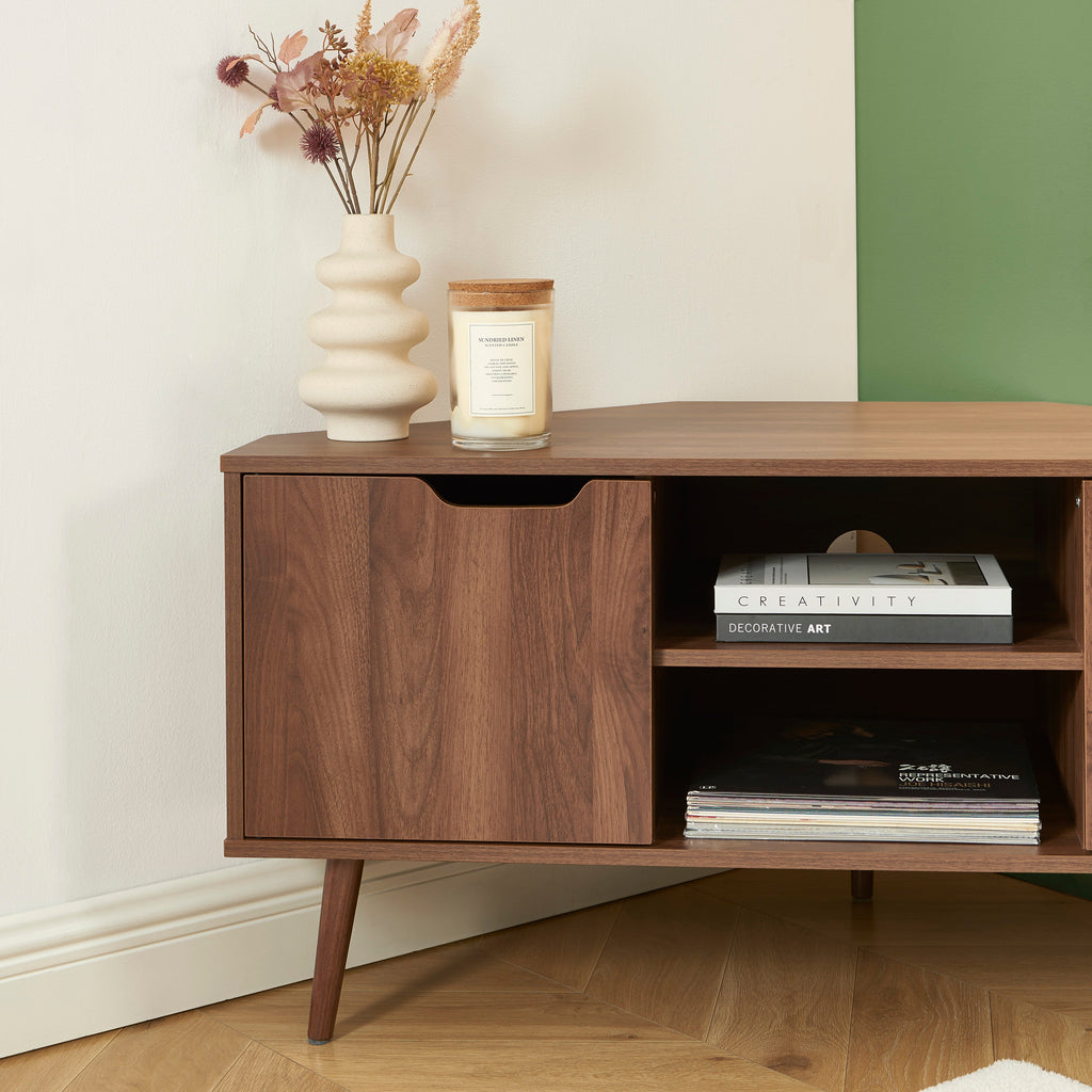 LYNA Corner TV Stand with Open Shelving – Walnut