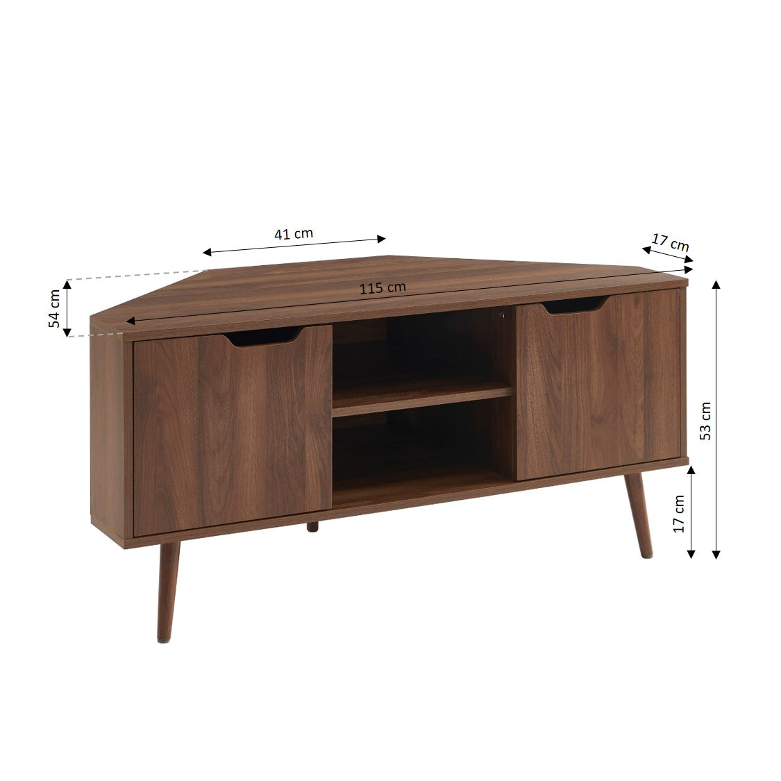 LYNA Corner TV Stand with Open Shelving – Walnut