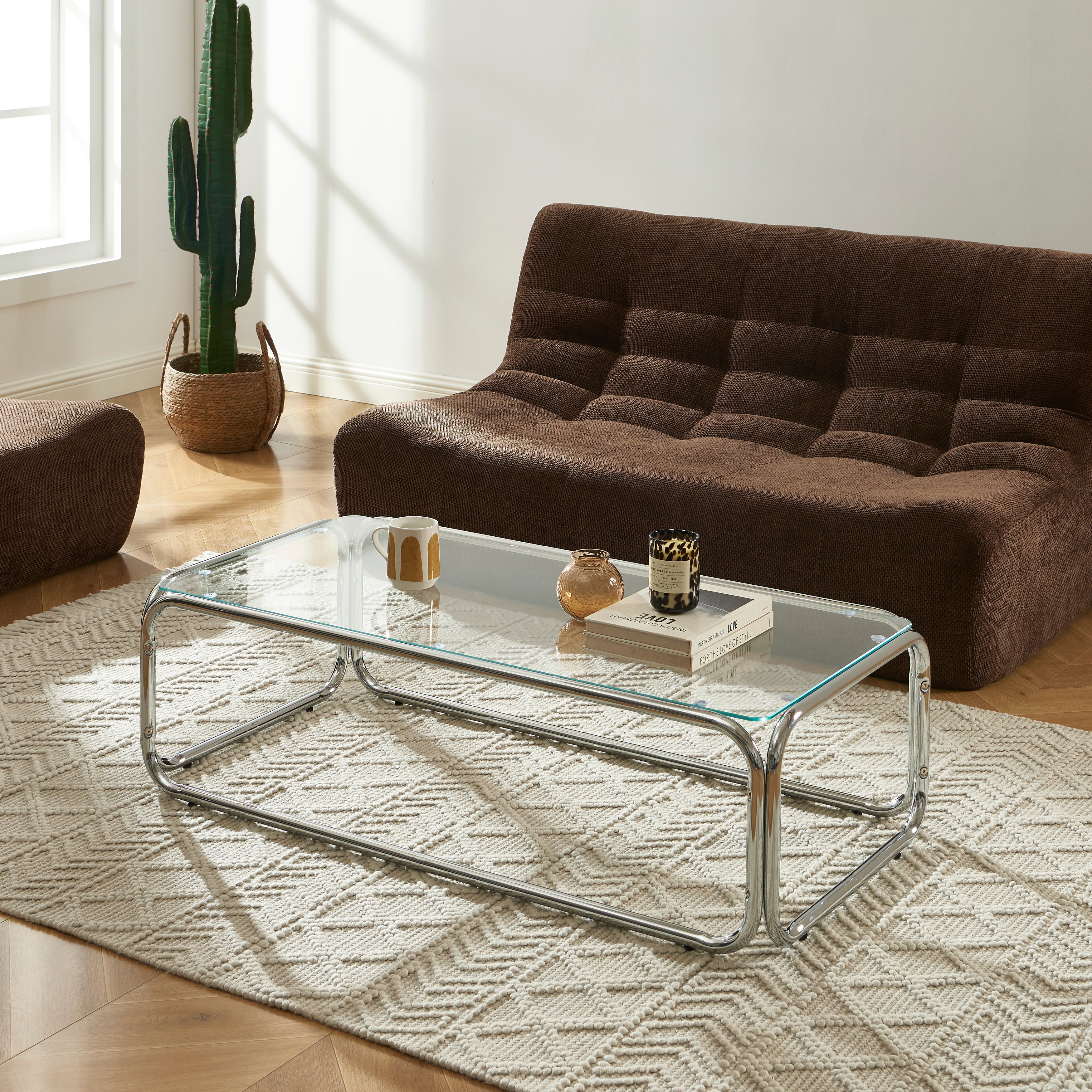 MAGGY Walnut Veneer and Chrome Coffee Table – White