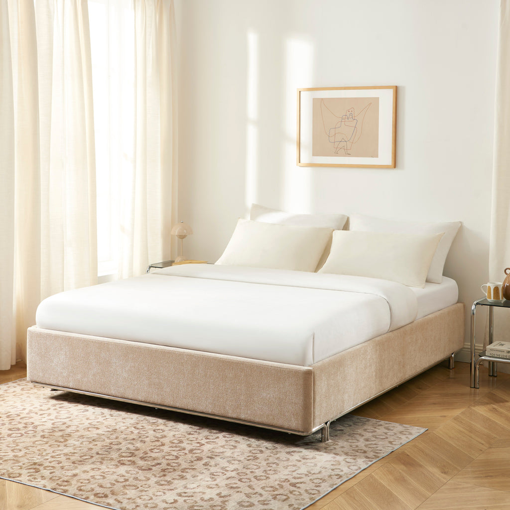 MAGGY Upholstered Storage Bed with Slatted Base – Beige